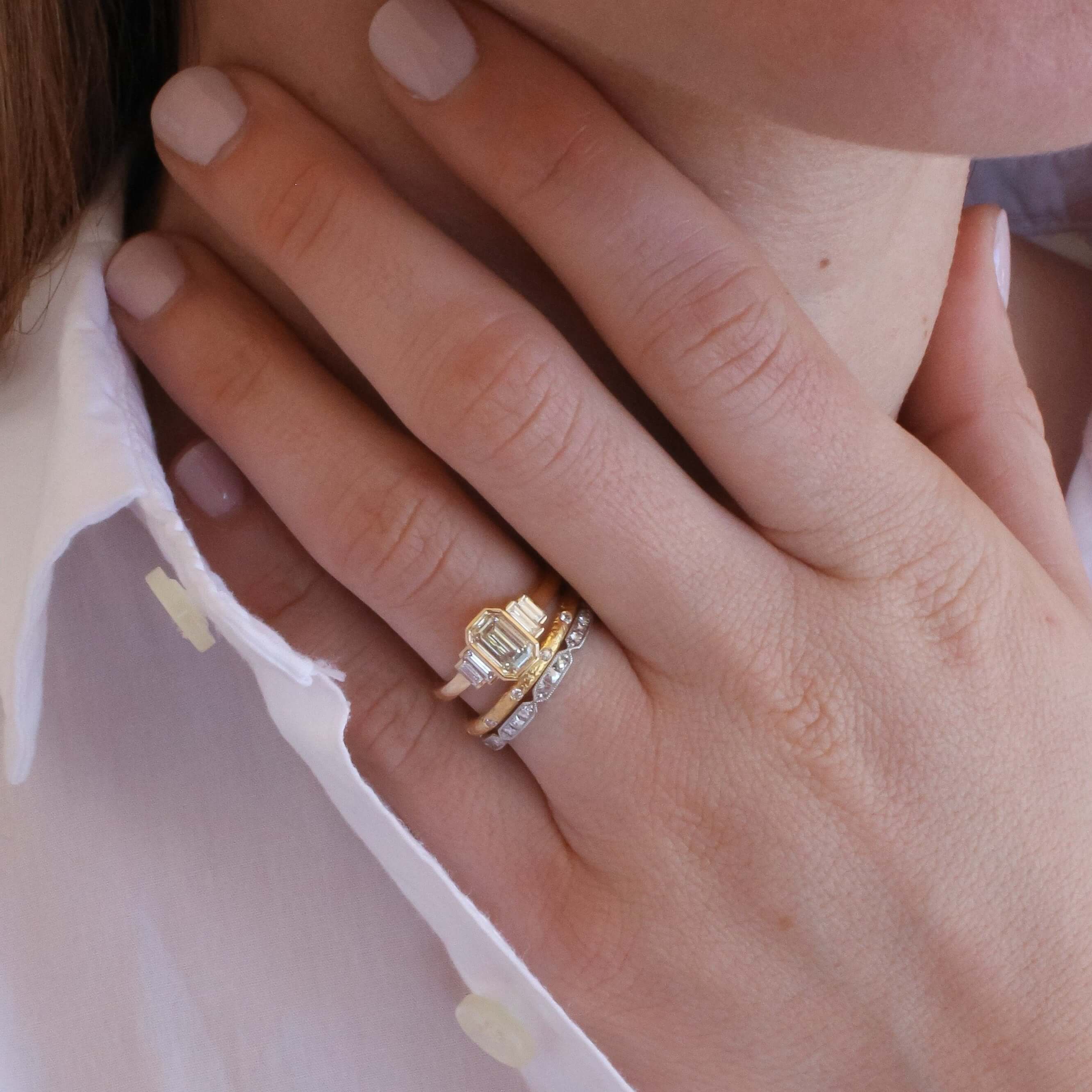 SINGLE STONE YORK BAND | Approximately 0.10ctw G-H/VS old European cut diamonds set in a handcrafted 22K yellow gold hammer finished band. Approximate band with 2mm. Please inquire for additional customization.