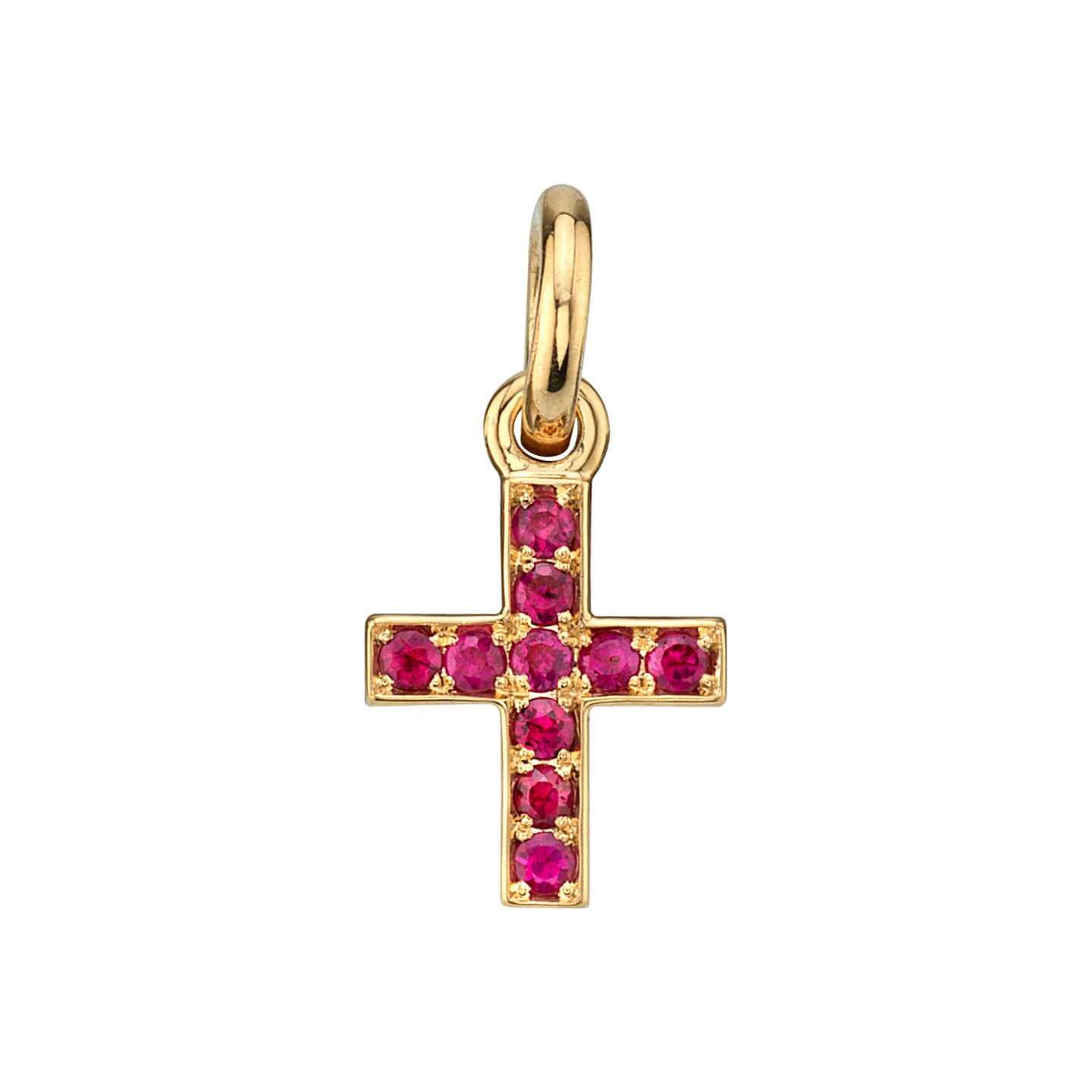 SINGLE STONE MINI CARMELA CROSS WITH GEMSTONES PENDANT featuring Approximately 0.15ctw round cut gemstones prong set in a handcrafted 18K yellow gold cross. Cross measures 8.20mm x 9.80mm. Price does not include chain.