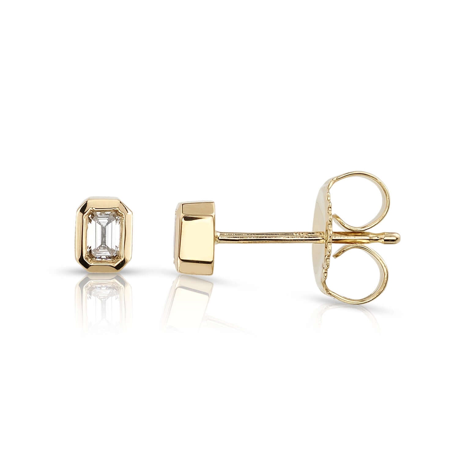 SINGLE STONE SIERRA STUDS | Earrings featuring Approximately 0.18ctw G-I/VS emerald cut diamonds bezel set in handcrafted stud earrings.
