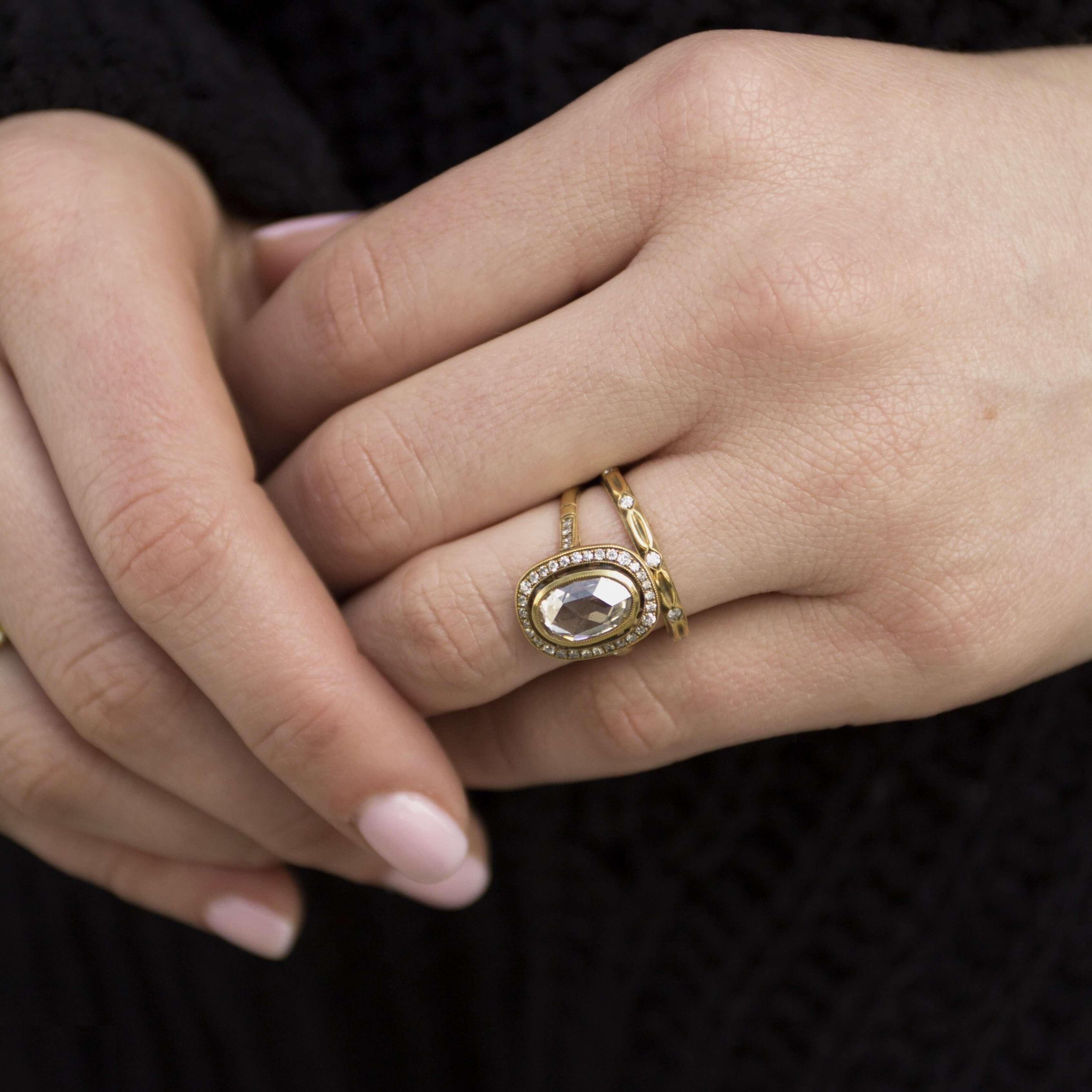 SINGLE STONE KENNEDY BAND | Approximately 0.20ctw single cut diamonds set in an oxidized, handcrafted 18K gold eternity band. Approximate band width 2mm. Please inquire for additional customization.