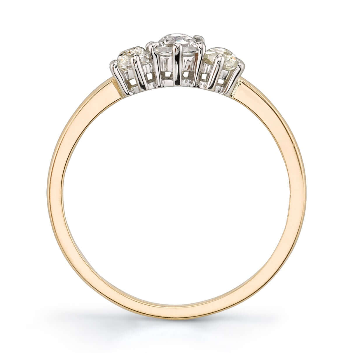 SINGLE STONE QUINCY RING featuring 0.42ctw hexagonal rose cut diamonds set in a handcrafted 18K yellow gold and platinum three stone mounting.