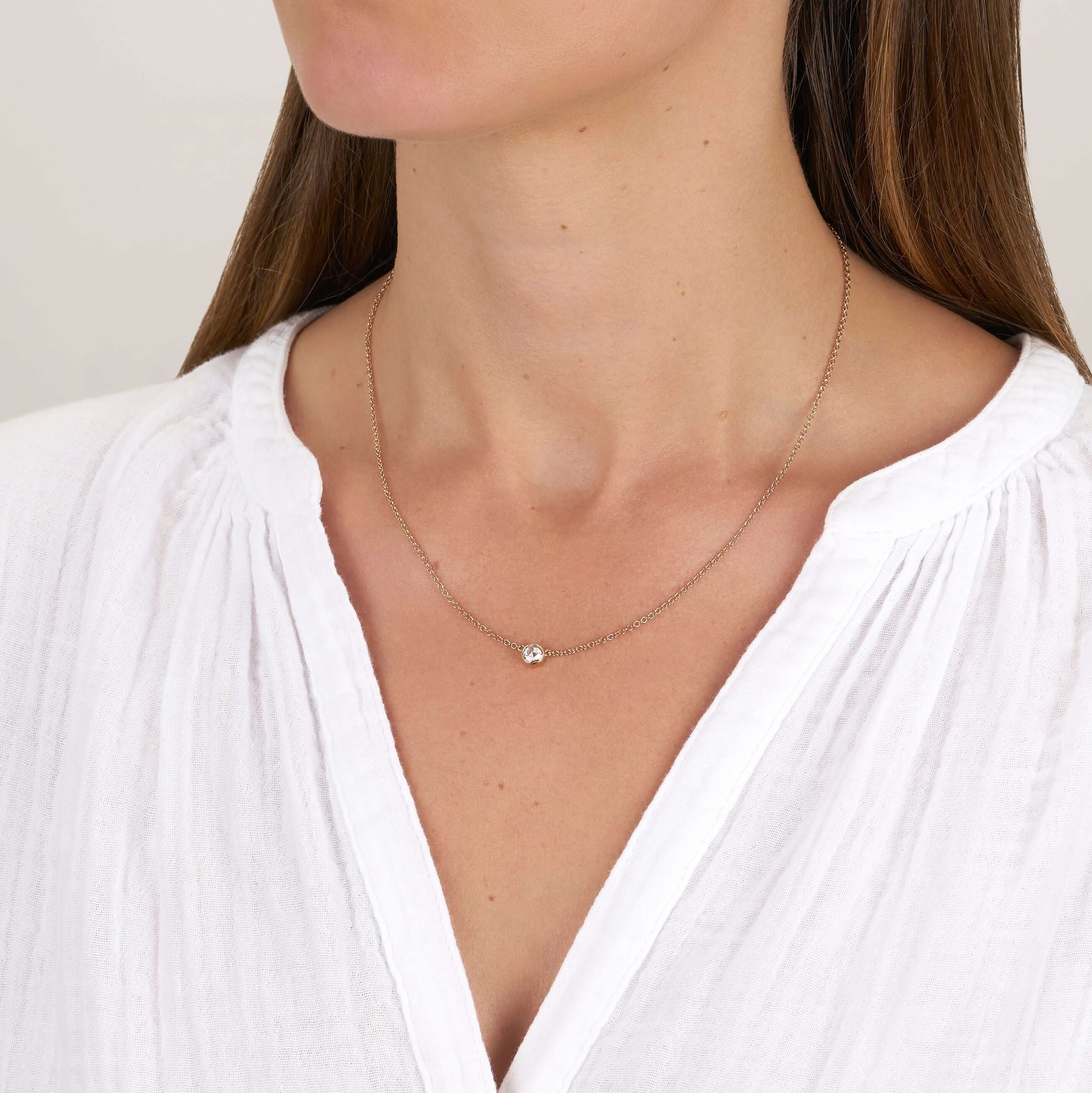 SINGLE STONE LINCOLN NECKLACE featuring 0.44ctw J/VS rose cut diamond bezel set on a handcrafted 18K rose gold necklace. Necklace measures 17".