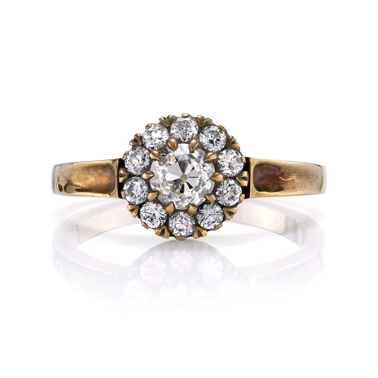 SINGLE STONE TALIA RING featuring 0.47ct L-M/VS antique old mine cut diamond with 0.35ctw old European cut accent diamonds set in a handcrafted oxidized 18K yellow and champagne gold mounting.
