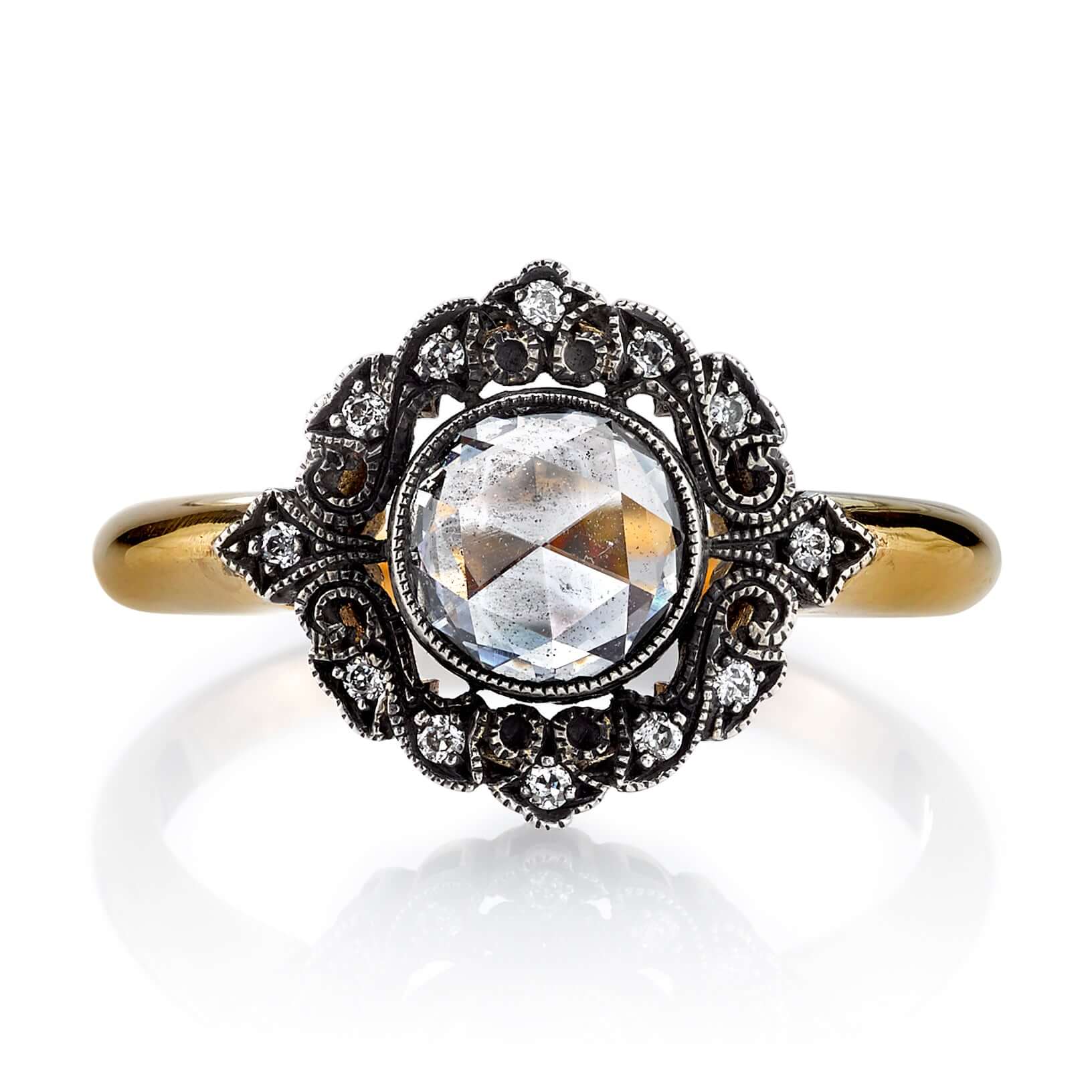 SINGLE STONE MEREDITH RING featuring 0.48ct D/VS2 EGL certified rose cut diamond with 0.05ctw old European cut accent diamonds set in a handcrafted 18K yellow gold and oxidized silver mounting.