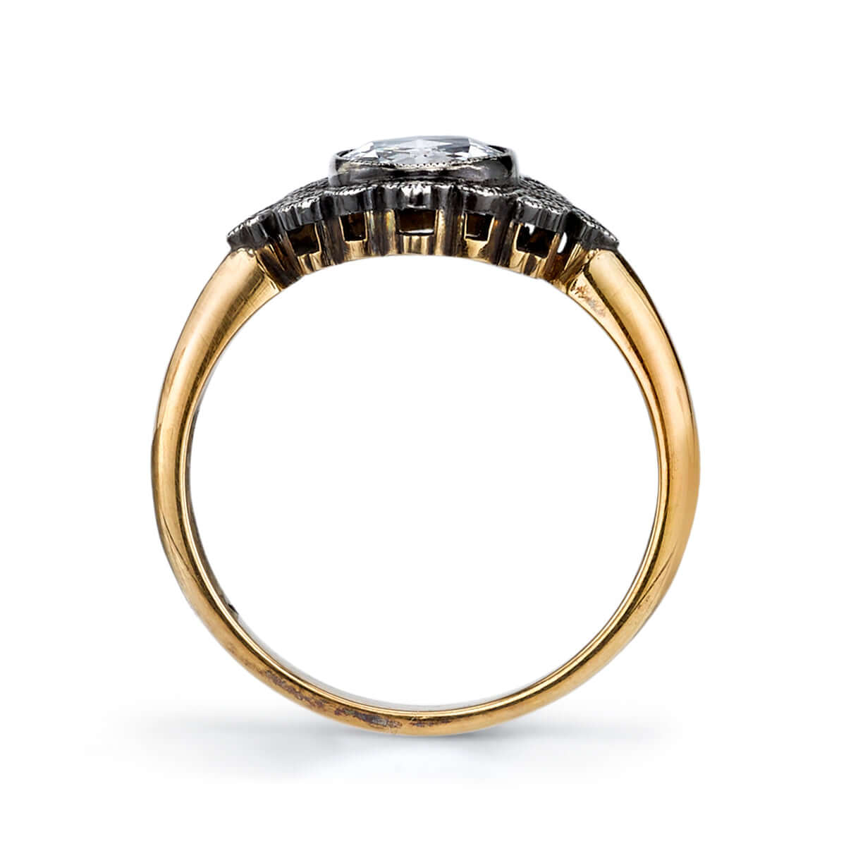 SINGLE STONE MEREDITH RING featuring 0.48ct D/VS2 EGL certified rose cut diamond with 0.05ctw old European cut accent diamonds set in a handcrafted 18K yellow gold and oxidized silver mounting.