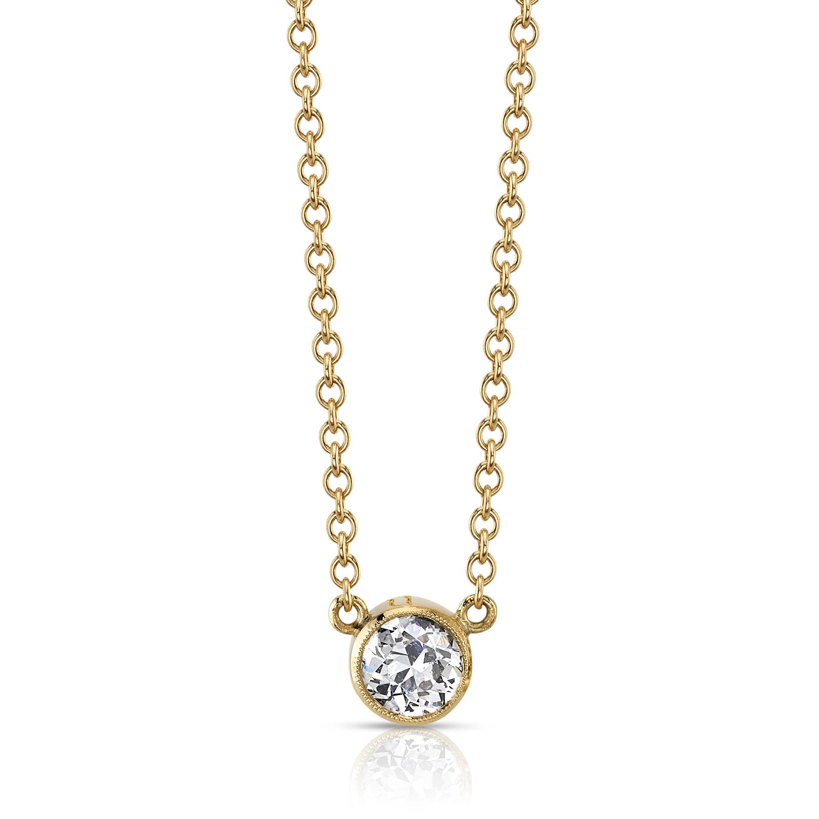SINGLE STONE LINCOLN NECKLACE featuring 0.53ctw N/VS2 GIA certified old European cut diamond bezel set on a handcrafted 18K yellow gold necklace. Necklace measures 17".