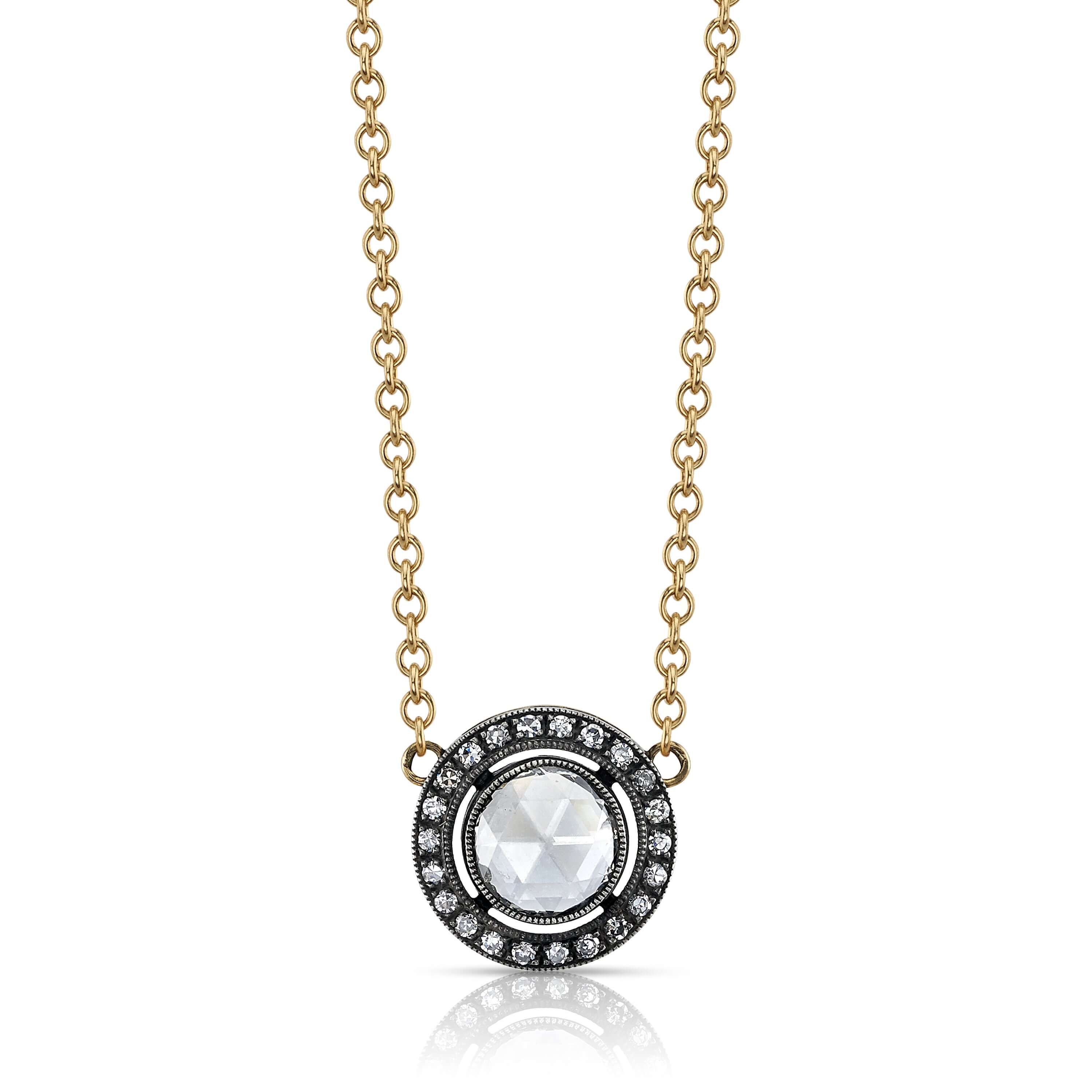 SINGLE STONE KENDALL NECKLACE featuring 0.78ct F/SI2 rose cut diamond with 0.13ctw single cut accent diamonds set in a handcrafted 18K oxidized yellow gold and silver pendant.