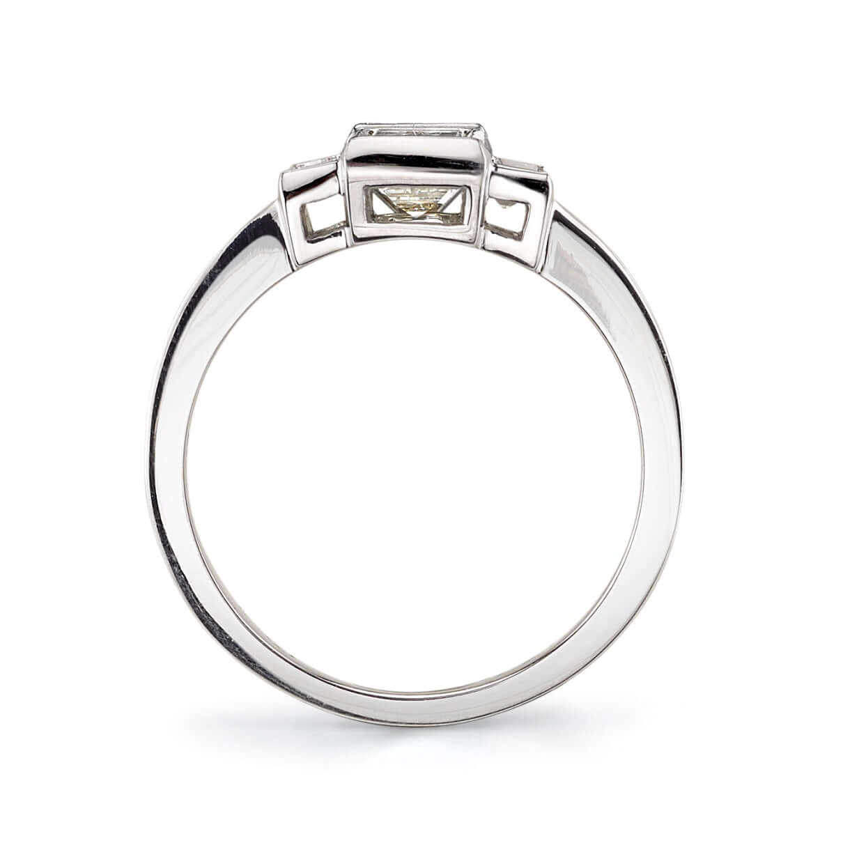 SINGLE STONE LISA RING featuring 0.88ct L/VS1 GIA certified rectangular step cut diamond with 0.72ctw mixed cut accent diamonds set in a handcrafted platinum mounting.