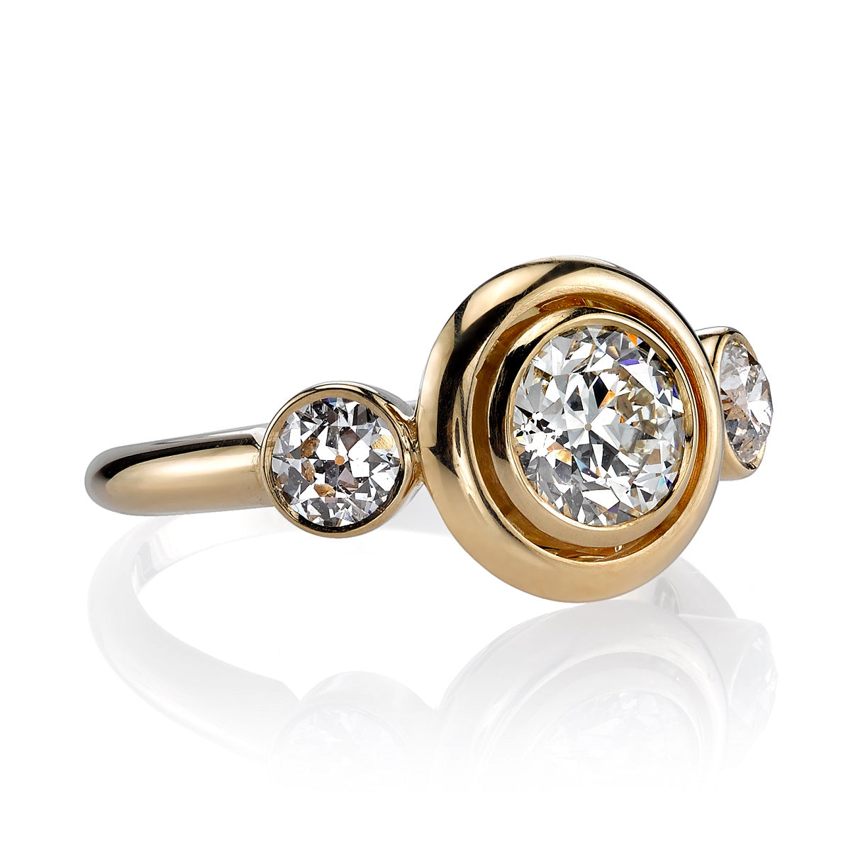 SINGLE STONE WAVERLY RING featuring 0.92ct J/VS1 EGL certified old European cut diamond with 0.50ctw old European cut accent diamonds set in a handcrafted 18K yellow gold mounting.
