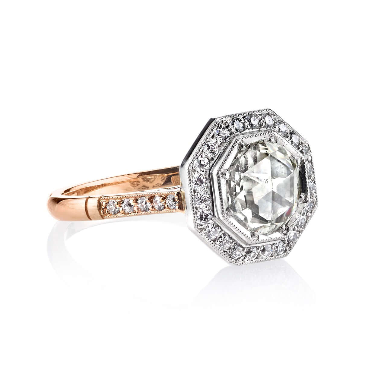 SINGLE STONE SAVANNAH RING featuring 0.92ct Light Yellow/SI2 rose cut diamond with 0.31ctw old European cut accent diamonds set in a handcrafted 18K rose gold and platinum mounting.