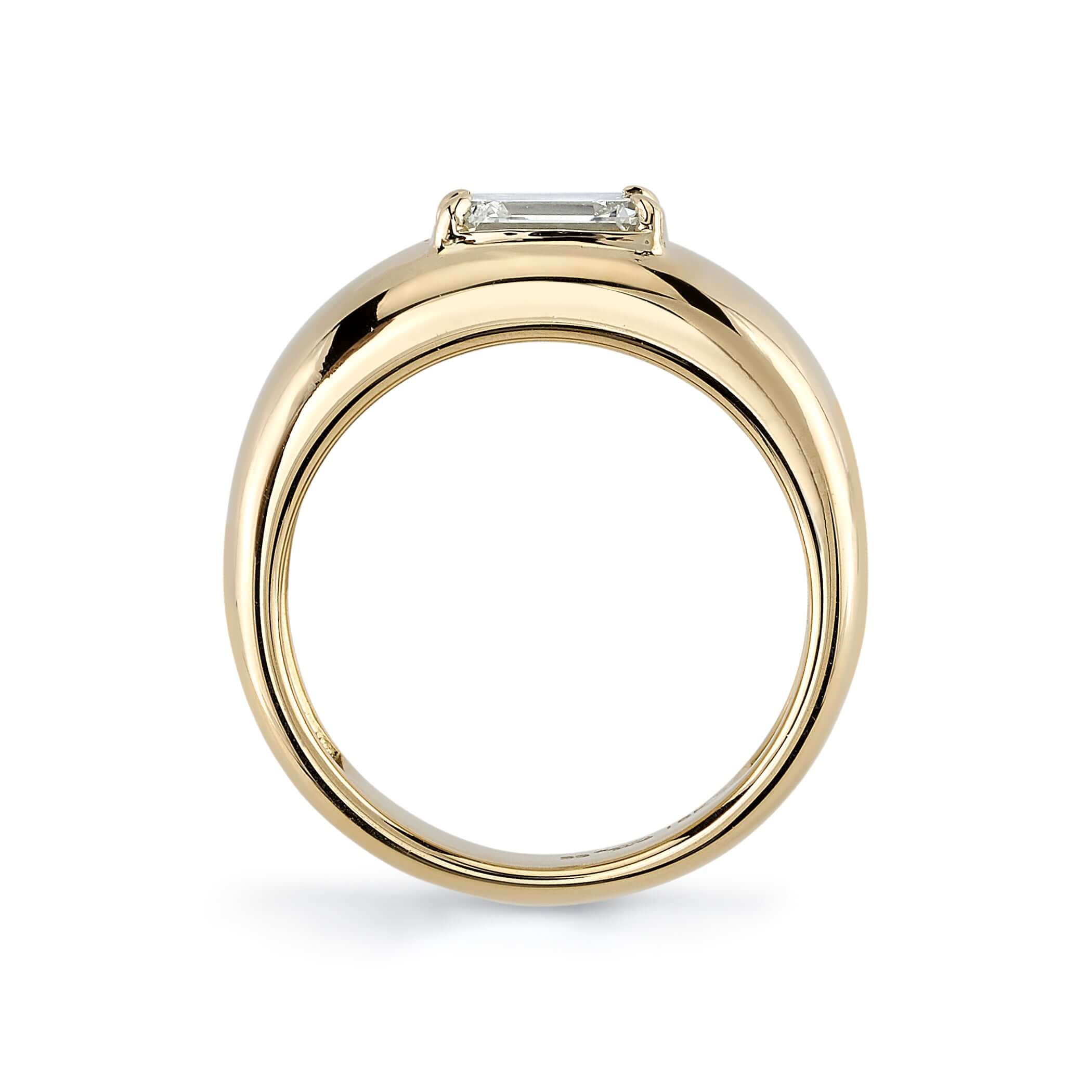 SINGLE STONE REMINGTON RING featuring 1.00ct U-V/SI1 GIA certified emerald cut diamond set in a handcrafted 18K yellow gold dome mounting.