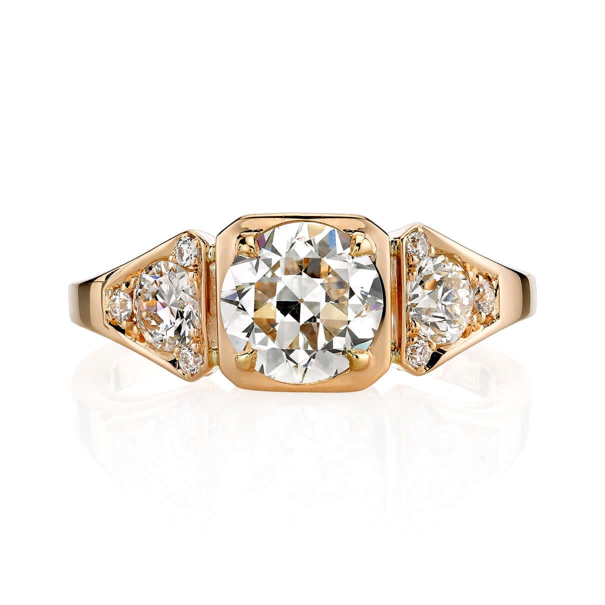 SINGLE STONE RHEA RING featuring 1.05ct G/SI1 GIA certified old European cut diamond with 1.62ctw old European cut accent diamonds set in a handcrafted 18K rose gold mounting.