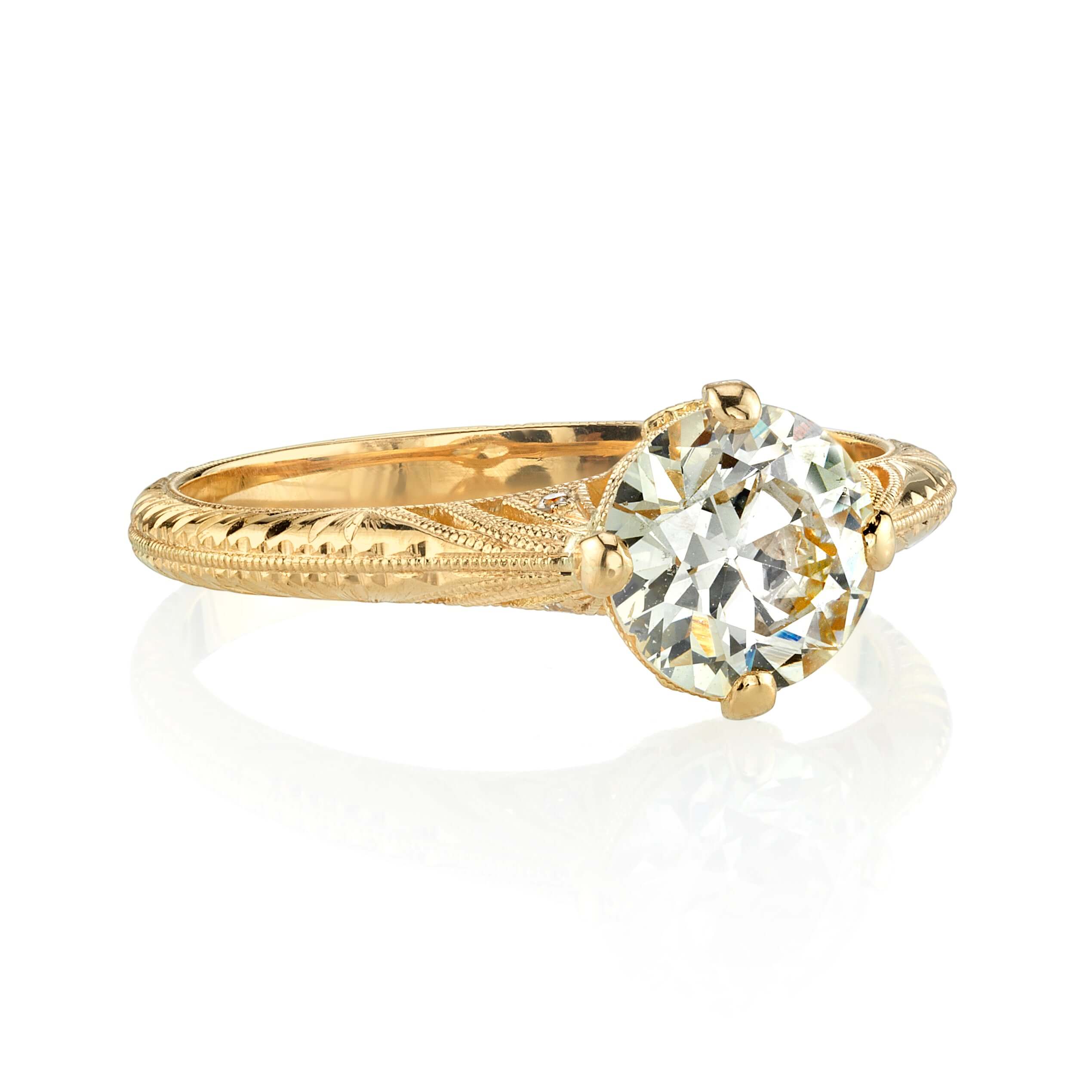 SINGLE STONE ADELE RING featuring 1.07ct L/SI1 GIA certified old European cut diamond with 0.02ctw old European cut accent diamonds set in a handcrafted 18K yellow gold mounting. Stone Certificate 1.07ct L/SI1