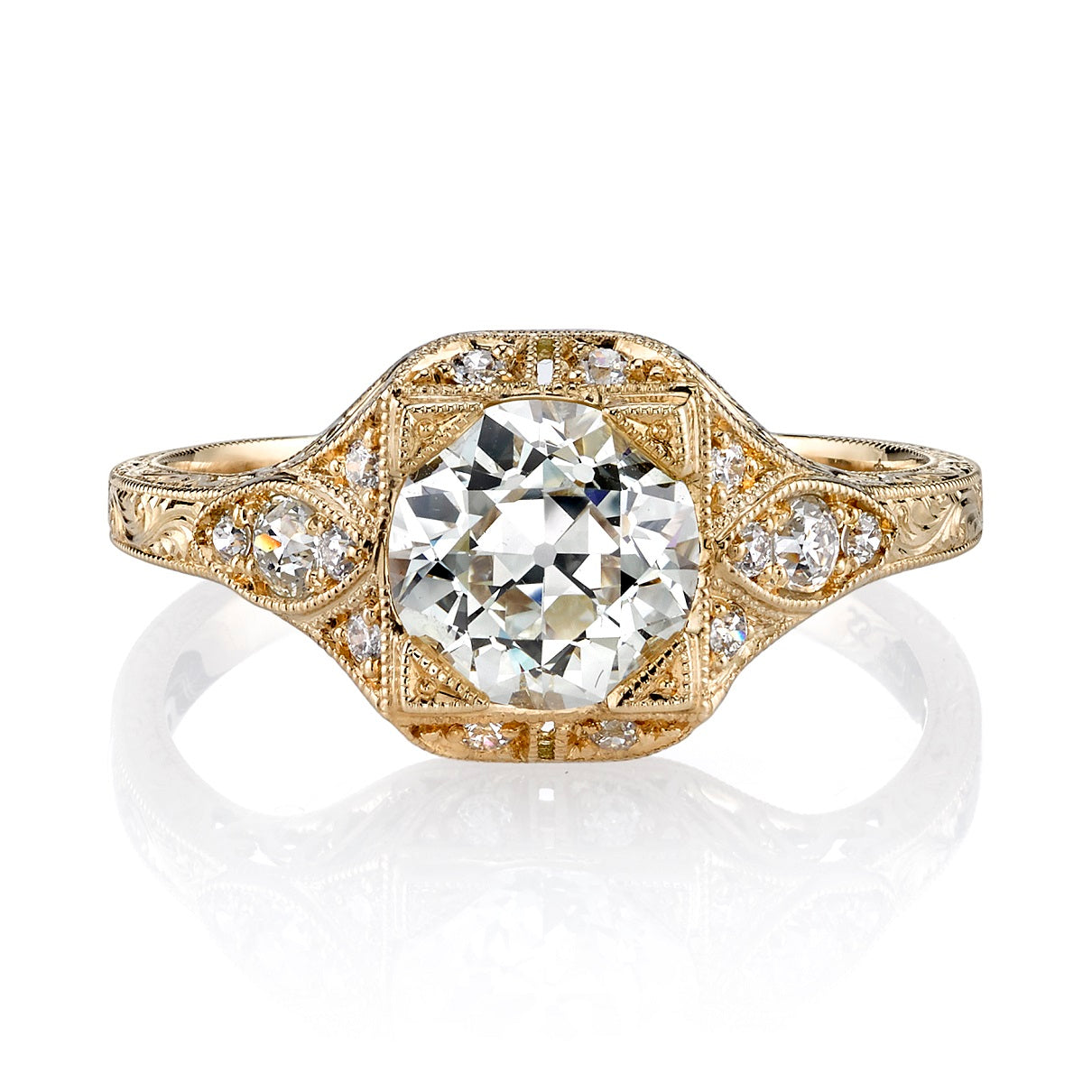 SINGLE STONE BRIGETTE RING featuring 1.24ct M/VS2 GIA certified old European cut diamond with 0.19ctw old European cut accent diamonds set in a handcrafted 18K yellow gold mounting.