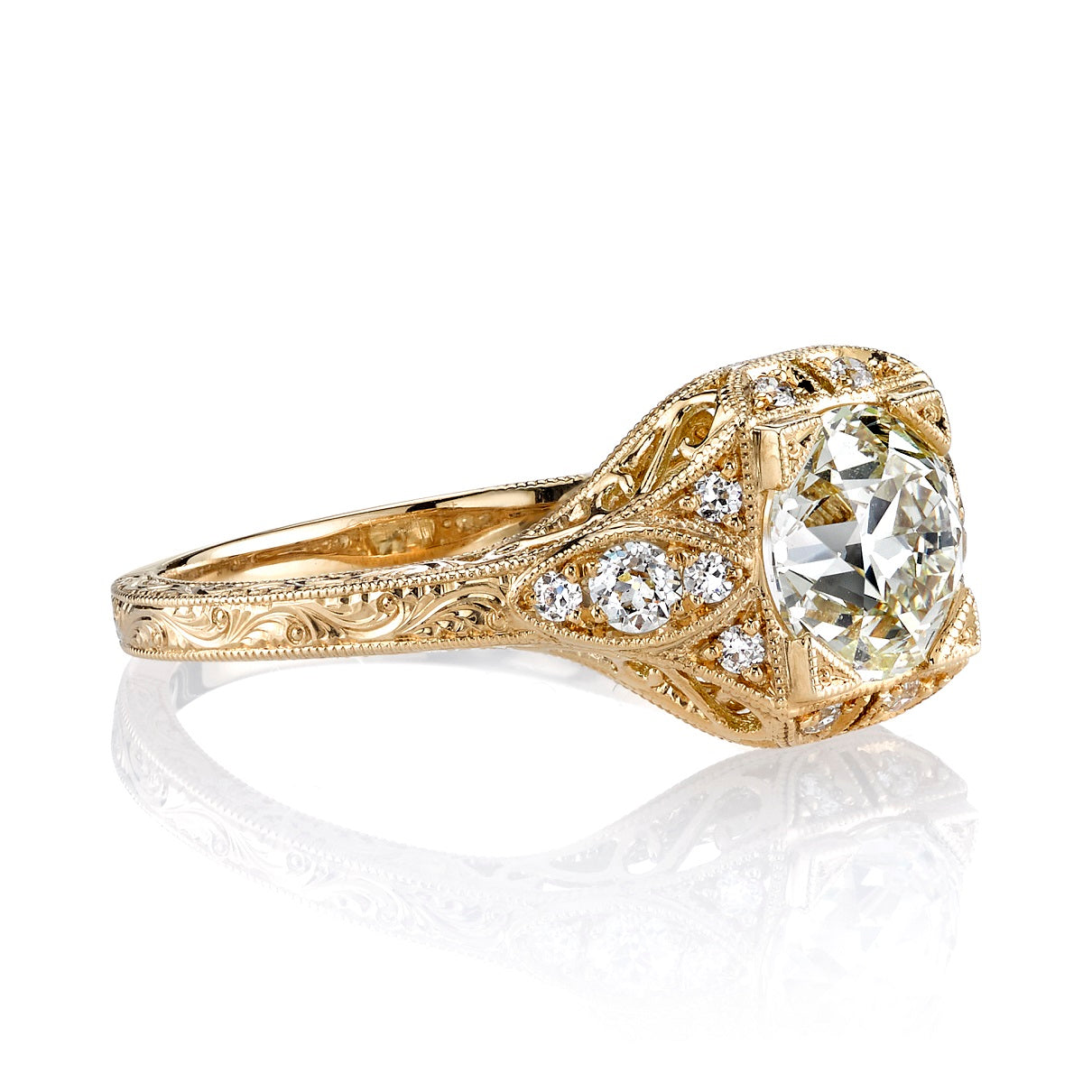 SINGLE STONE BRIGETTE RING featuring 1.24ct M/VS2 GIA certified old European cut diamond with 0.19ctw old European cut accent diamonds set in a handcrafted 18K yellow gold mounting.