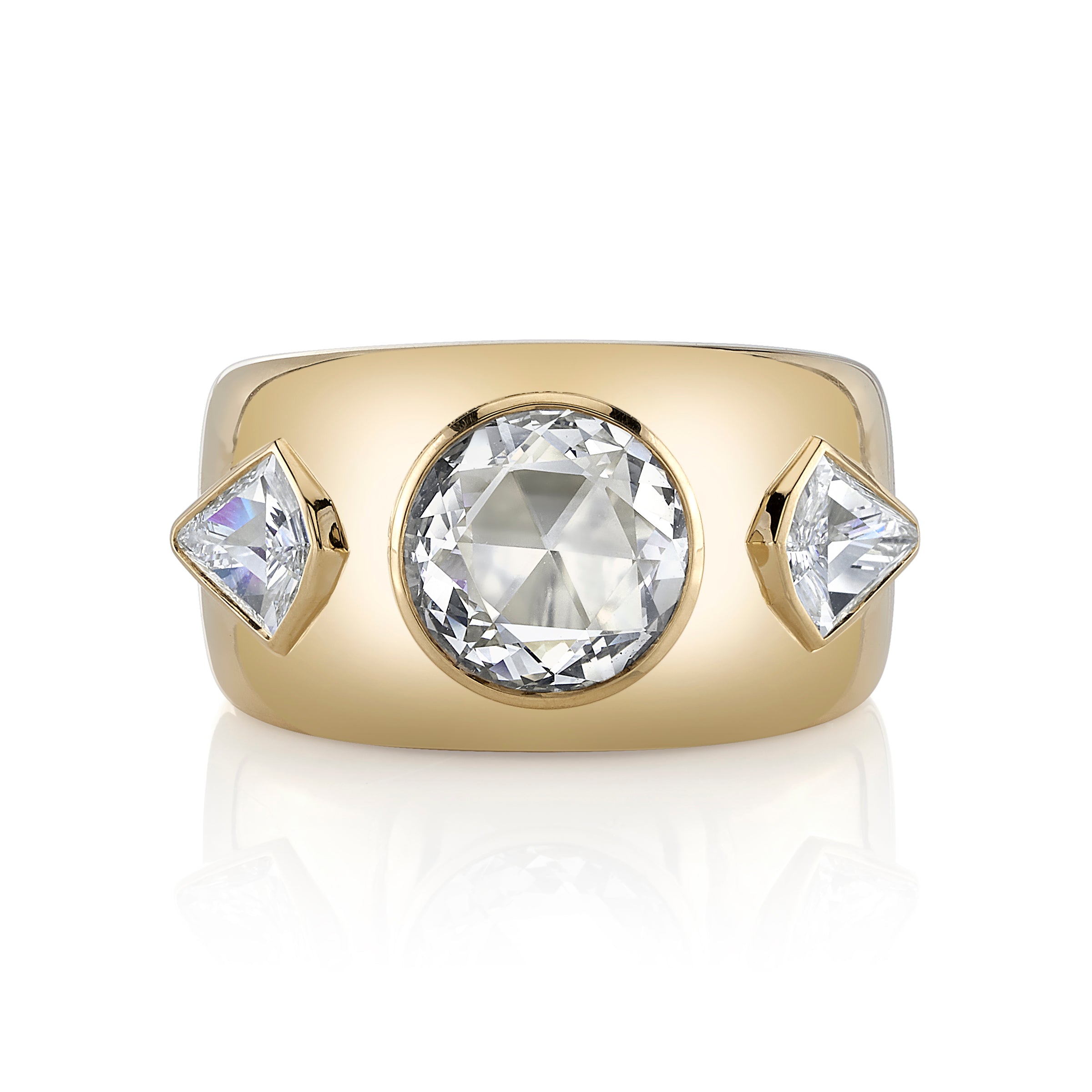 SINGLE STONE WINSLOW RING featuring 1.34ct M/VS1 GIA certified rose cut diamond with 0.70ctw kite cut accent diamonds set in a handcrafted 18K yellow gold mounting.
