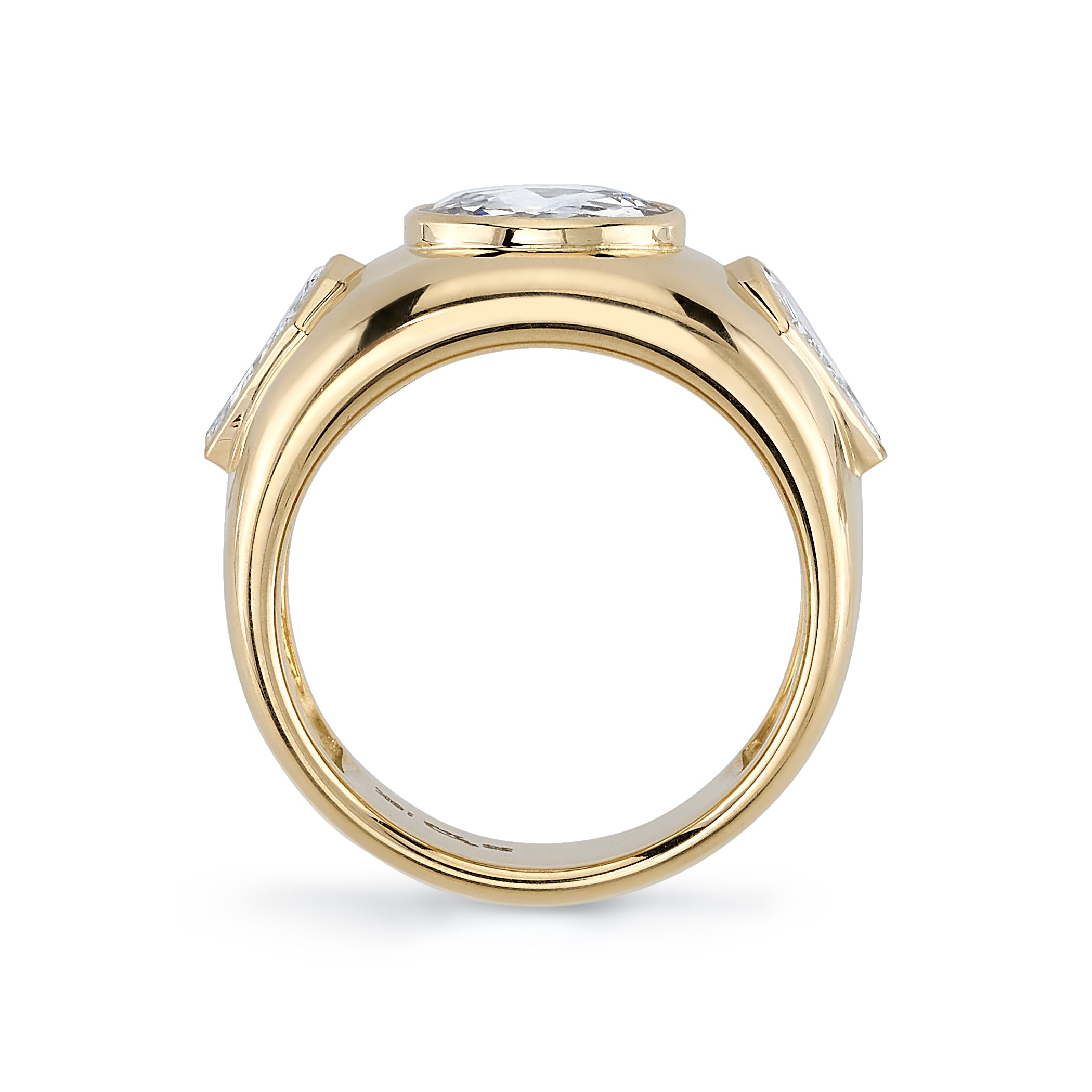 SINGLE STONE WINSLOW RING featuring 1.34ct M/VS1 GIA certified rose cut diamond with 0.70ctw kite cut accent diamonds set in a handcrafted 18K yellow gold mounting.