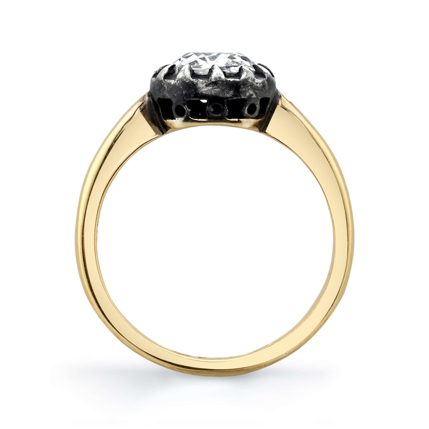 SINGLE STONE ANGELINA RING featuring 1.35ct H/SI2 EGL certified antique old mine cut diamond set in a handcrafted 18K yellow gold and oxidized silver mounting.