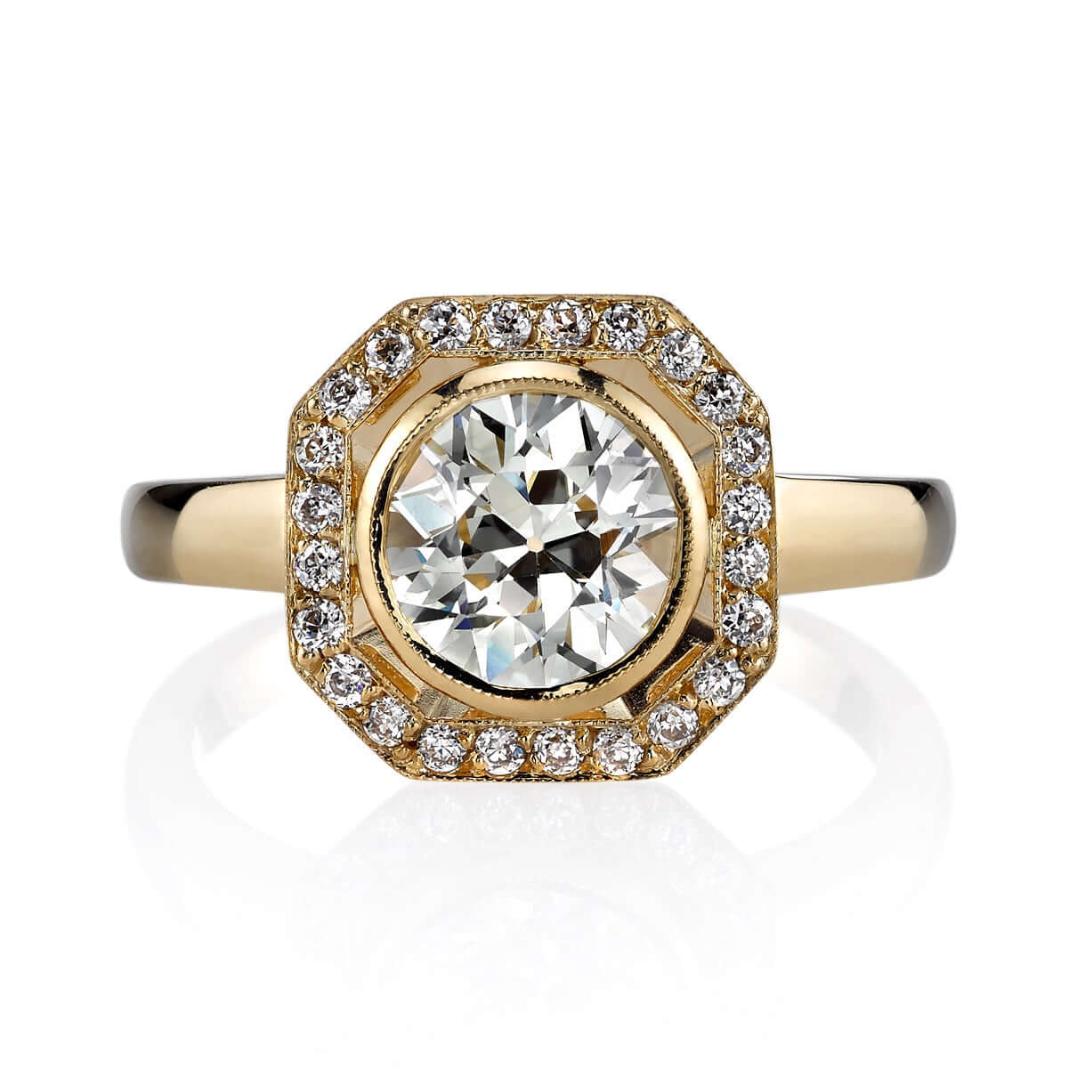 SINGLE STONE PARKER RING featuring 1.33ct L/VS1 GIA certified old European cut diamond with 0.19ctw old European cut accent diamonds set in a handcrafted 18K yellow gold mounting.