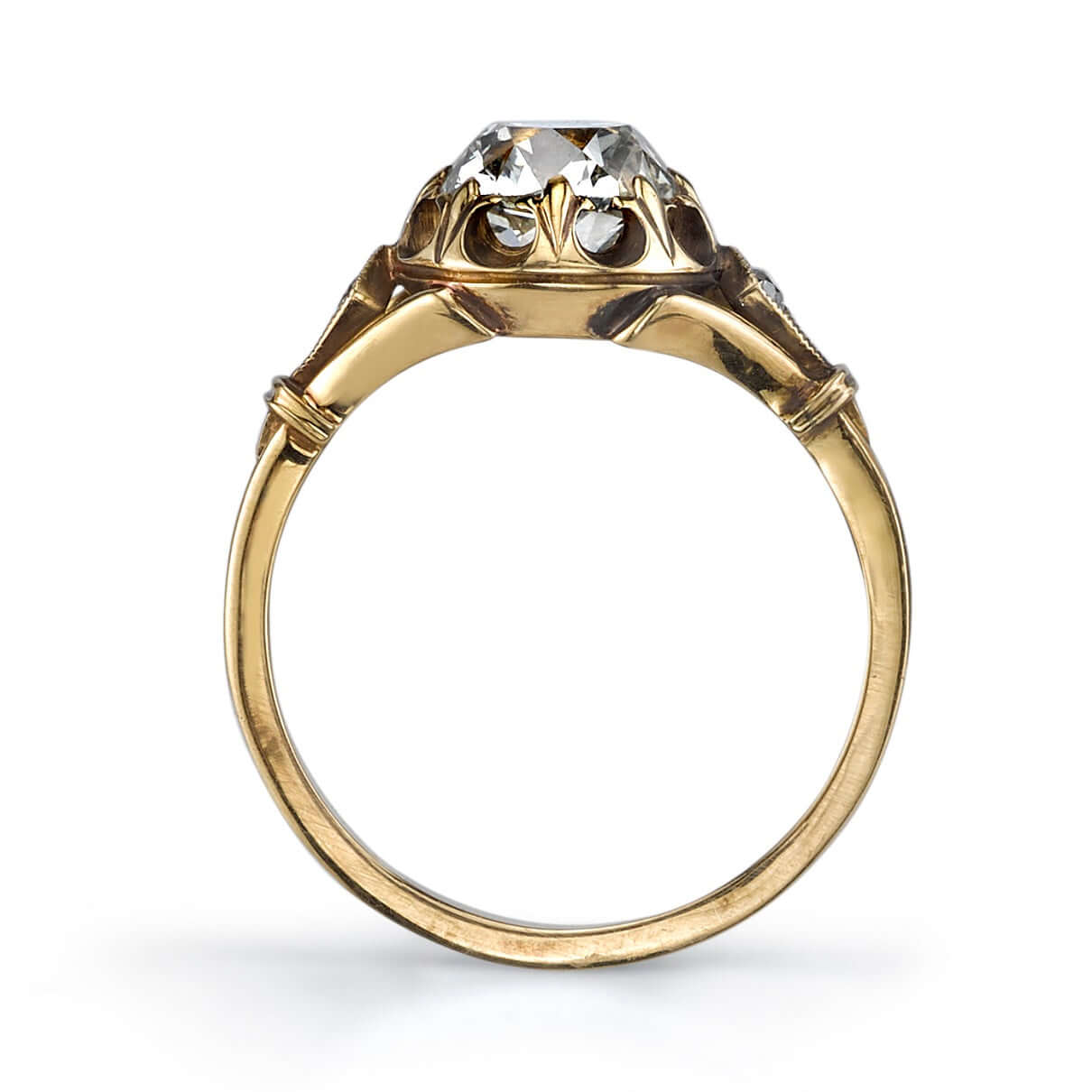 SINGLE STONE CLEO RING featuring 1.07ct L/SI1 EGL certified antique cushion cut diamond with 0.06ctw old European cut accent diamonds set in a handcrafted oxidized 18K yellow gold mounting.