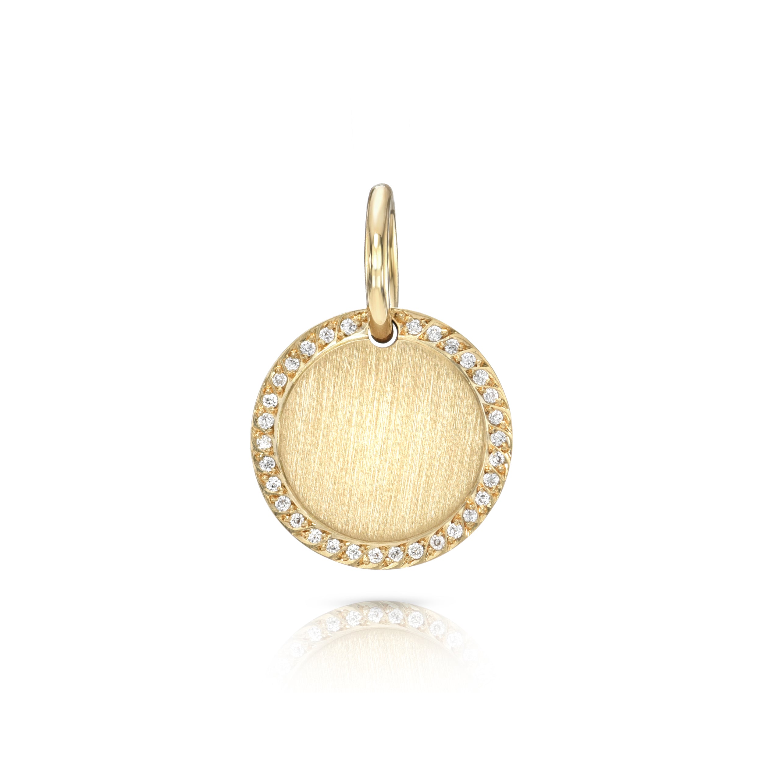 SINGLE STONE PAVE FRAME ROUND DISC PENDANT featuring Old European cut diamonds pave set in a handcrafted 18K yellow gold engravable round pendant. 15mm: approximately 0.10ctw 20mm: approximately 0.14ctw 25mm: approximately 0.18ctw 30mm: approximately 0.25