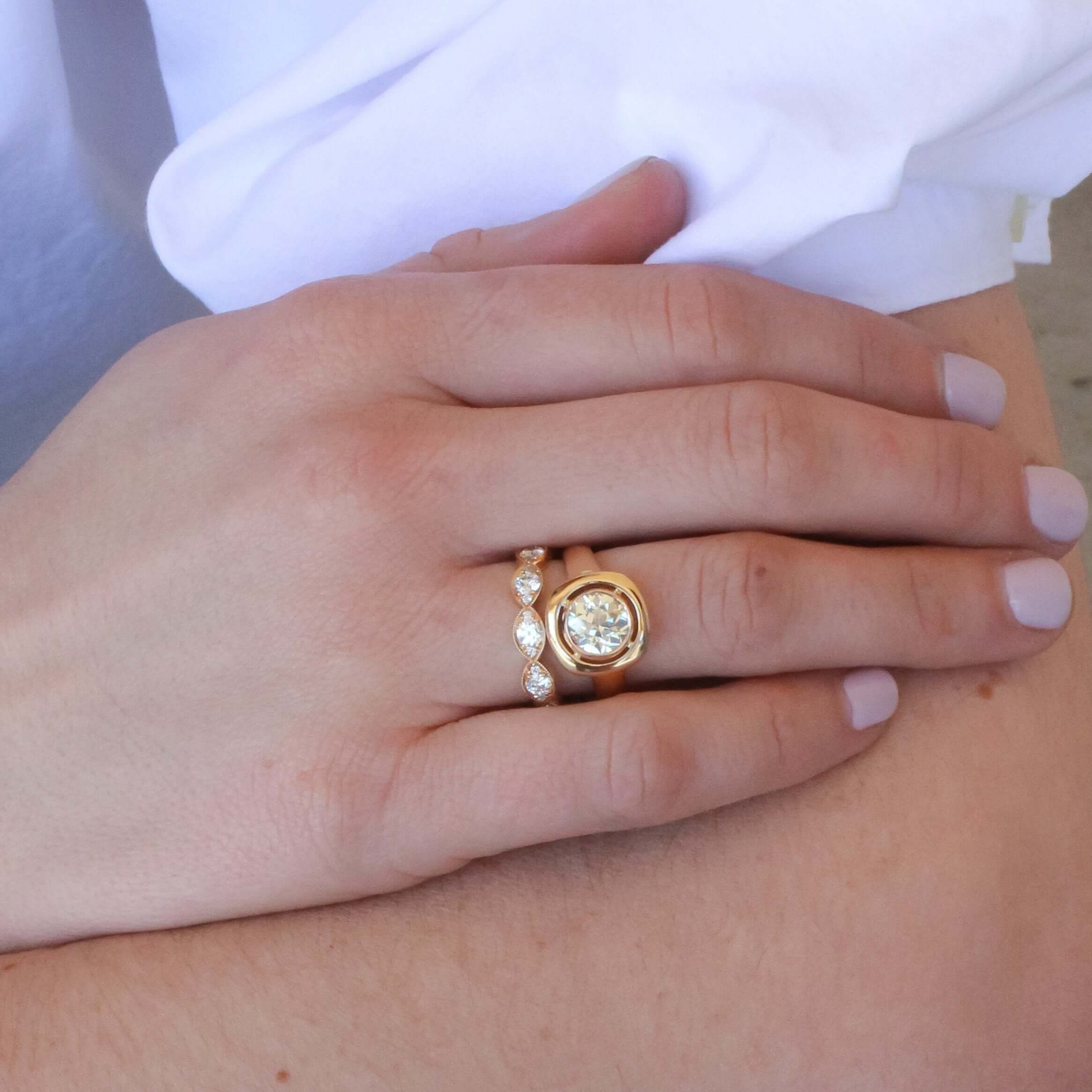 SINGLE STONE KELLY BAND | Approximately 1.40ctw old European cut diamonds set in a handcrafted marquise shaped eternity band. Approximate band width 4mm. Please inquire for additional customization.