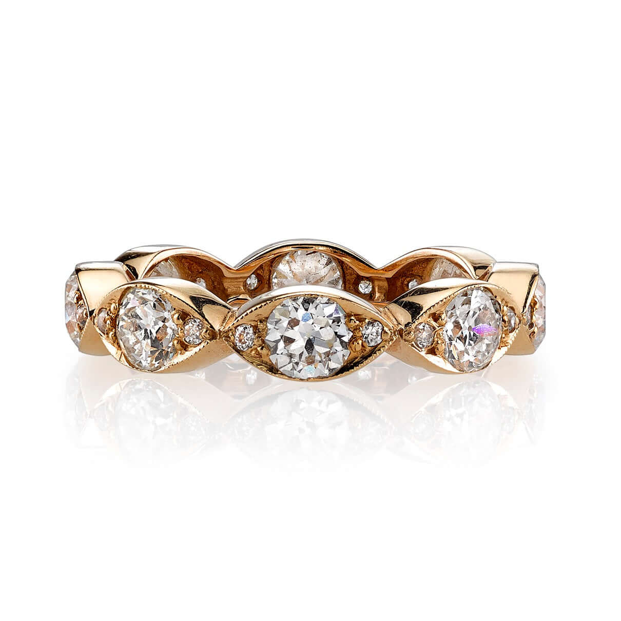 SINGLE STONE KELLY BAND | Approximately 1.40ctw old European cut diamonds set in a handcrafted marquise shaped eternity band. Approximate band width 4mm. Please inquire for additional customization.