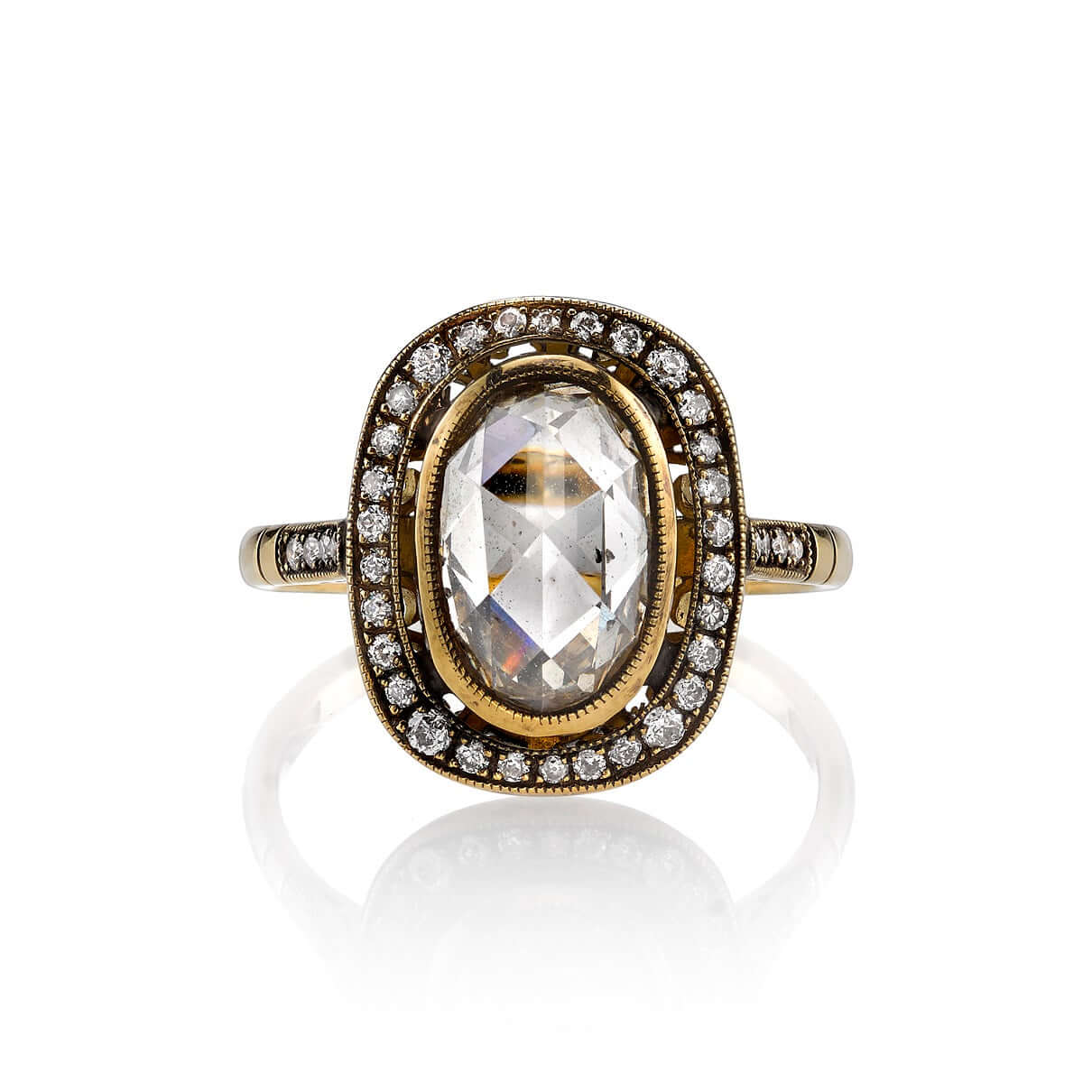 SINGLE STONE CAMILLE RING featuring 2.12ct Brown/SI oval shaped Rose cut diamond with 0.18ctw old European cut accent diamonds set in a handcrafted oxidized 18K yellow gold mounting.