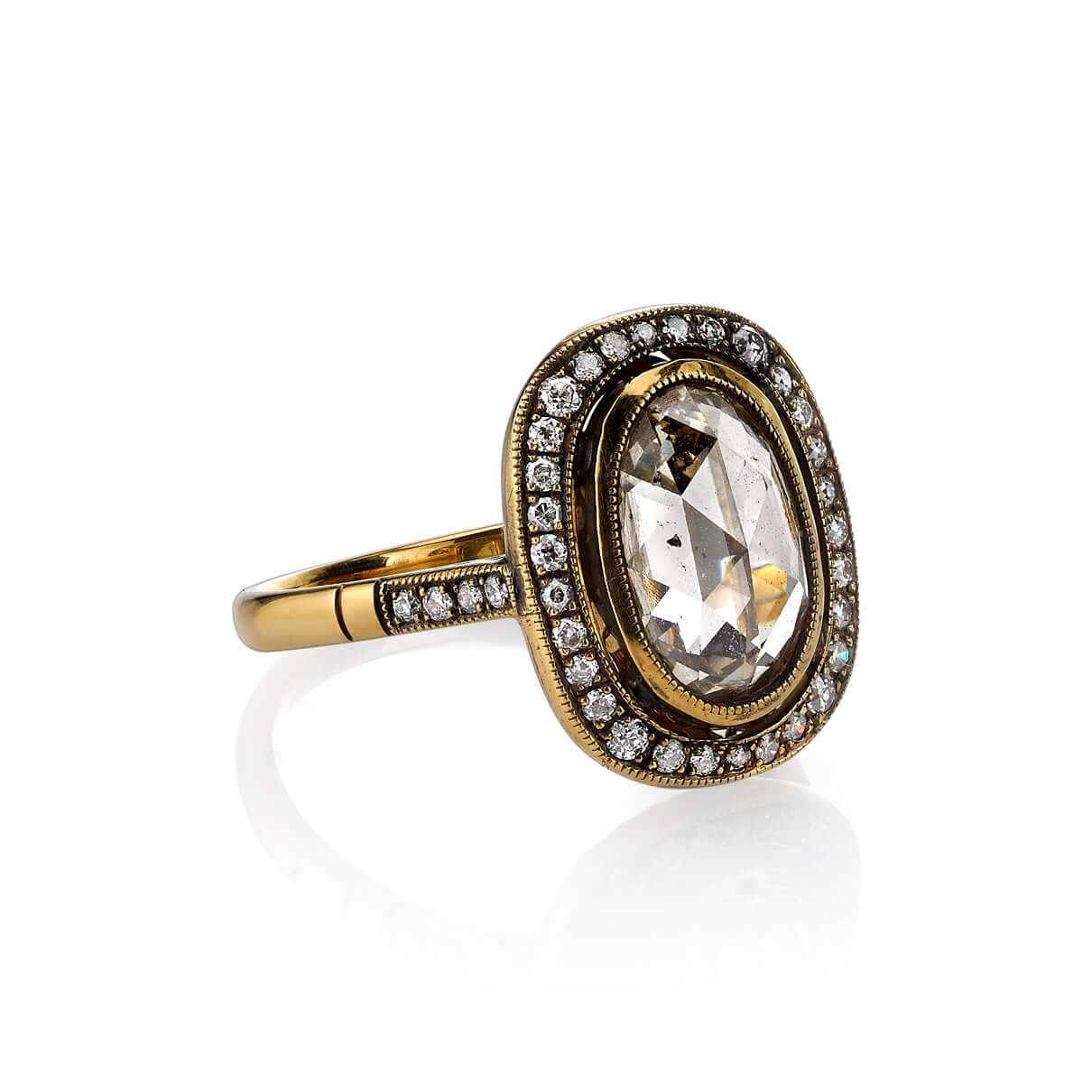 SINGLE STONE CAMILLE RING featuring 2.12ct Brown/SI oval shaped Rose cut diamond with 0.18ctw old European cut accent diamonds set in a handcrafted oxidized 18K yellow gold mounting.