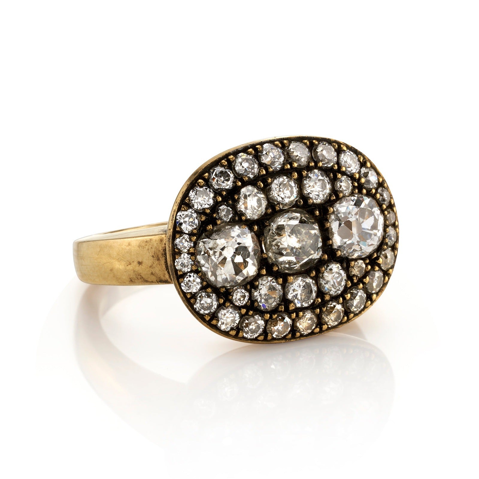 SINGLE STONE LEXY RING featuring 2.36ctw VS/SI varying old cut and round brilliant cut diamonds set in a handcrafted, oxidized 18K yellow gold mounting.