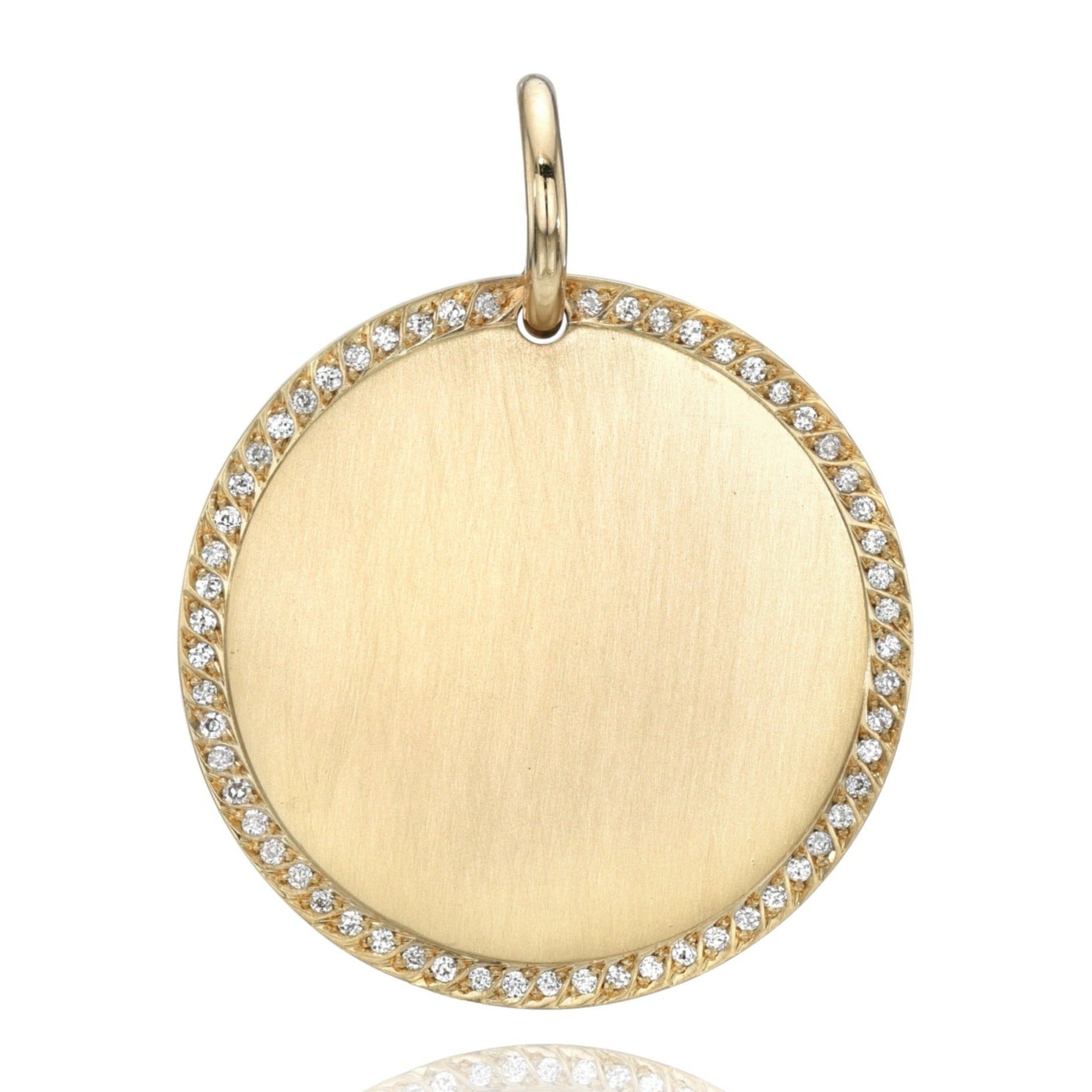 SINGLE STONE PAVE FRAME ROUND DISC PENDANT featuring Old European cut diamonds pave set in a handcrafted 18K yellow gold engravable round pendant. 15mm: approximately 0.10ctw 20mm: approximately 0.14ctw 25mm: approximately 0.18ctw 30mm: approximately 0.25