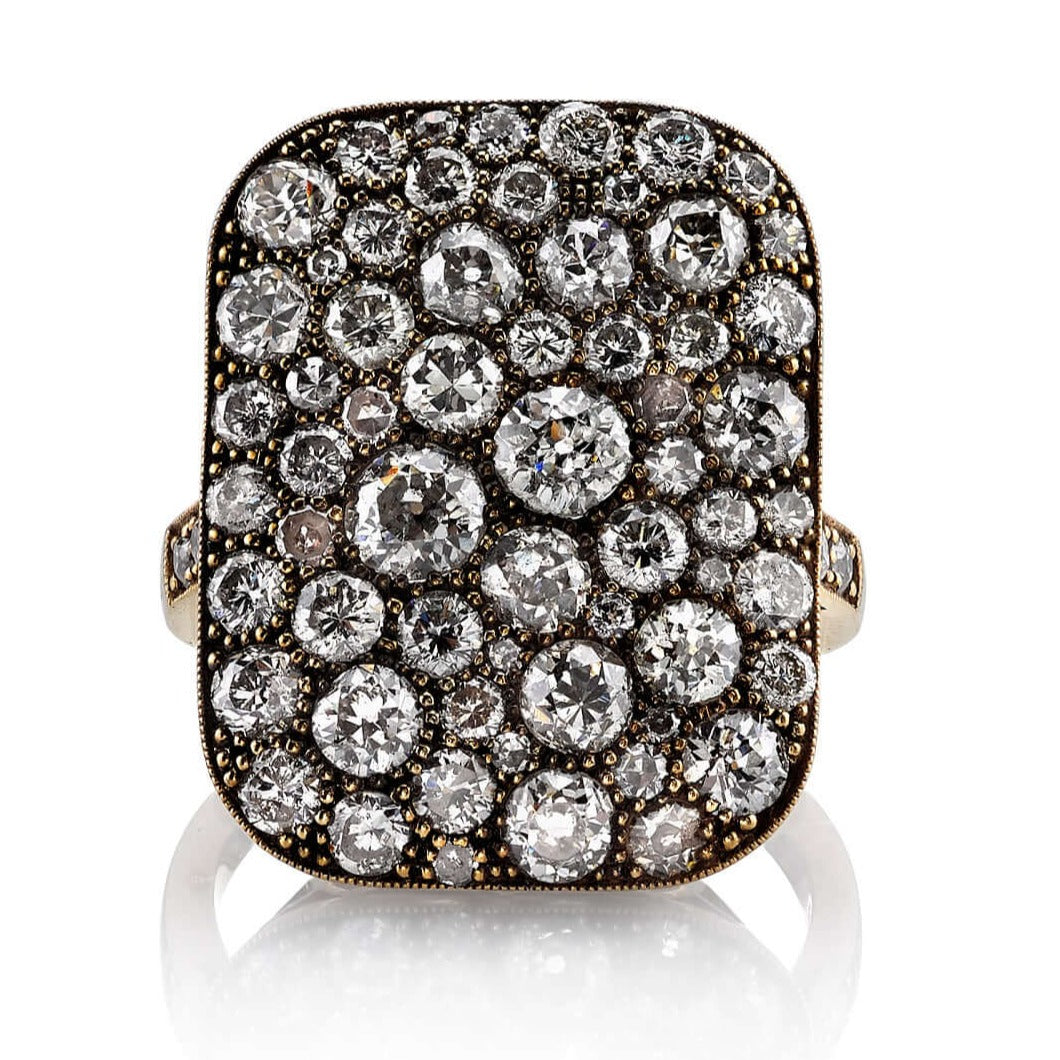 SINGLE STONE RECTANGULAR COBBLESTONE RING RING featuring Approximately 4.90ctw various old cut and round brilliant cut diamonds set in a handcrafted, oxidized 18K yellow gold mounting. Price may vary according to total diamond weight. Measurements 22mm x