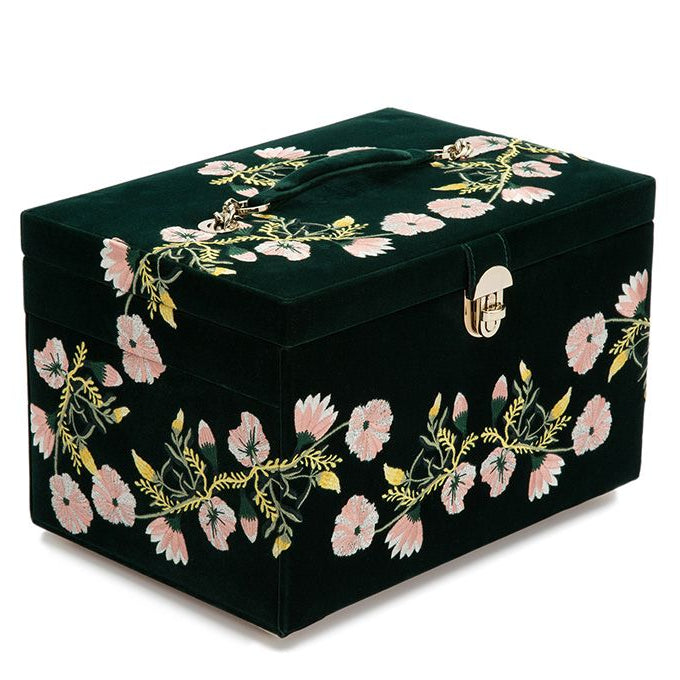 LARGE ZOE JEWELRY CASE, Forest green velvet jewelry case embroidered with classic floral designs. Jewelry case includes a total of 20 compartments. Ring rolls (18), necklace storage (12), bracelet compartment (5), bracelet/watch cuff (6), and a removable