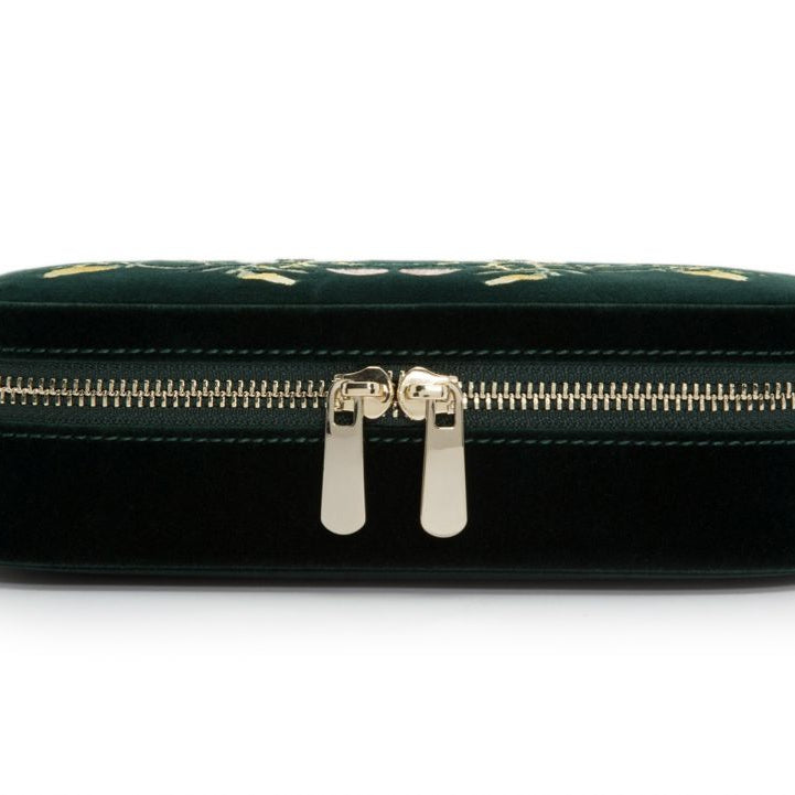 LARGE ZOE JEWELRY CASE, Forest green velvet 
20 compartments: 18 ring rolls, 12 necklace storage, 5 bracelet compartments, 6 bracelet/watch cuffs, and removable mini travel piece 
LusterLoc™:, Jewelry Case, Wolf