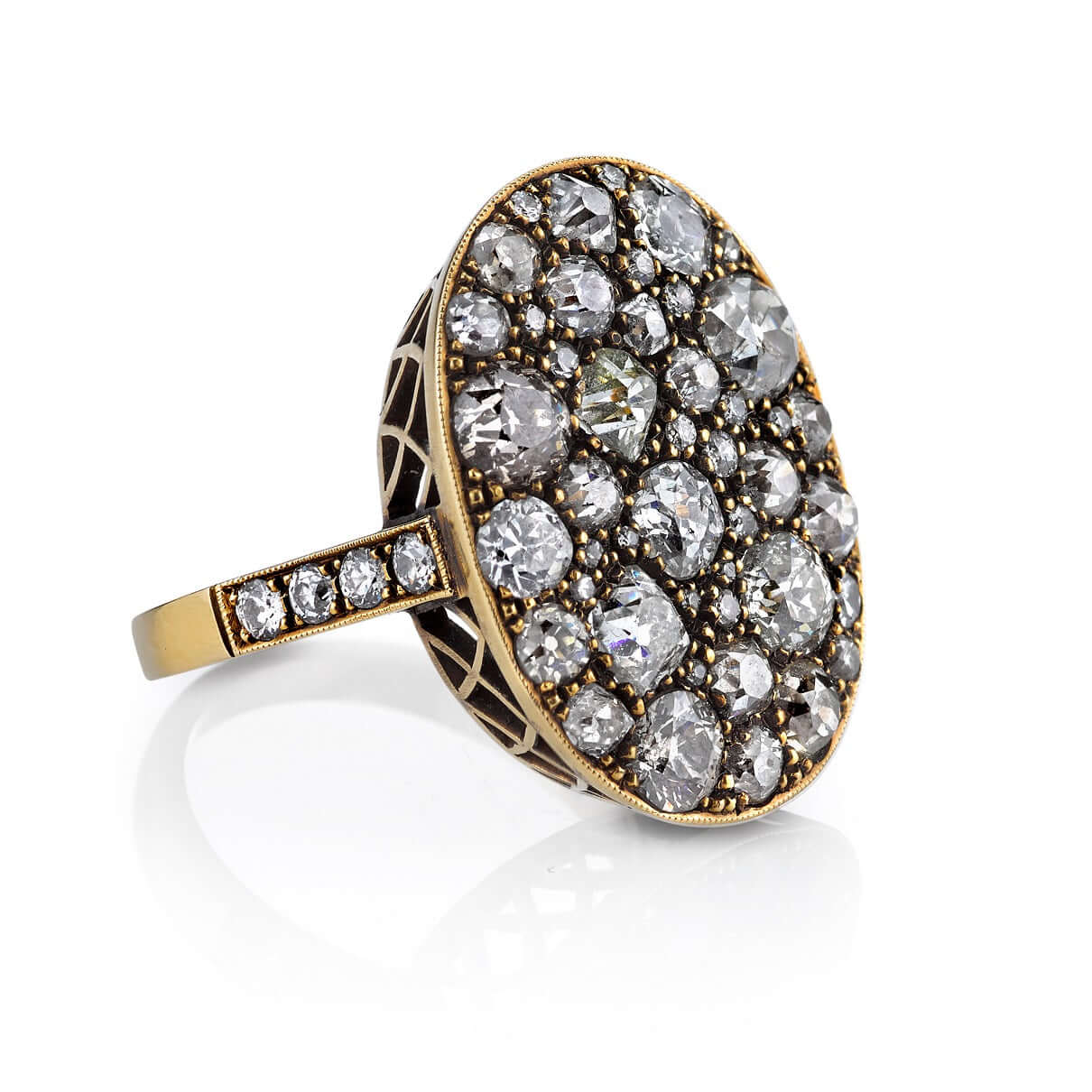 SINGLE STONE LARGE OVAL COBBLESTONE RING RING featuring Approximately 4.00ctw various old cut and round brilliant cut diamonds set in a handcrafted oxidized 18K yellow gold mounting. Price may vary according to total diamond weight. Measurements 22.5mm x