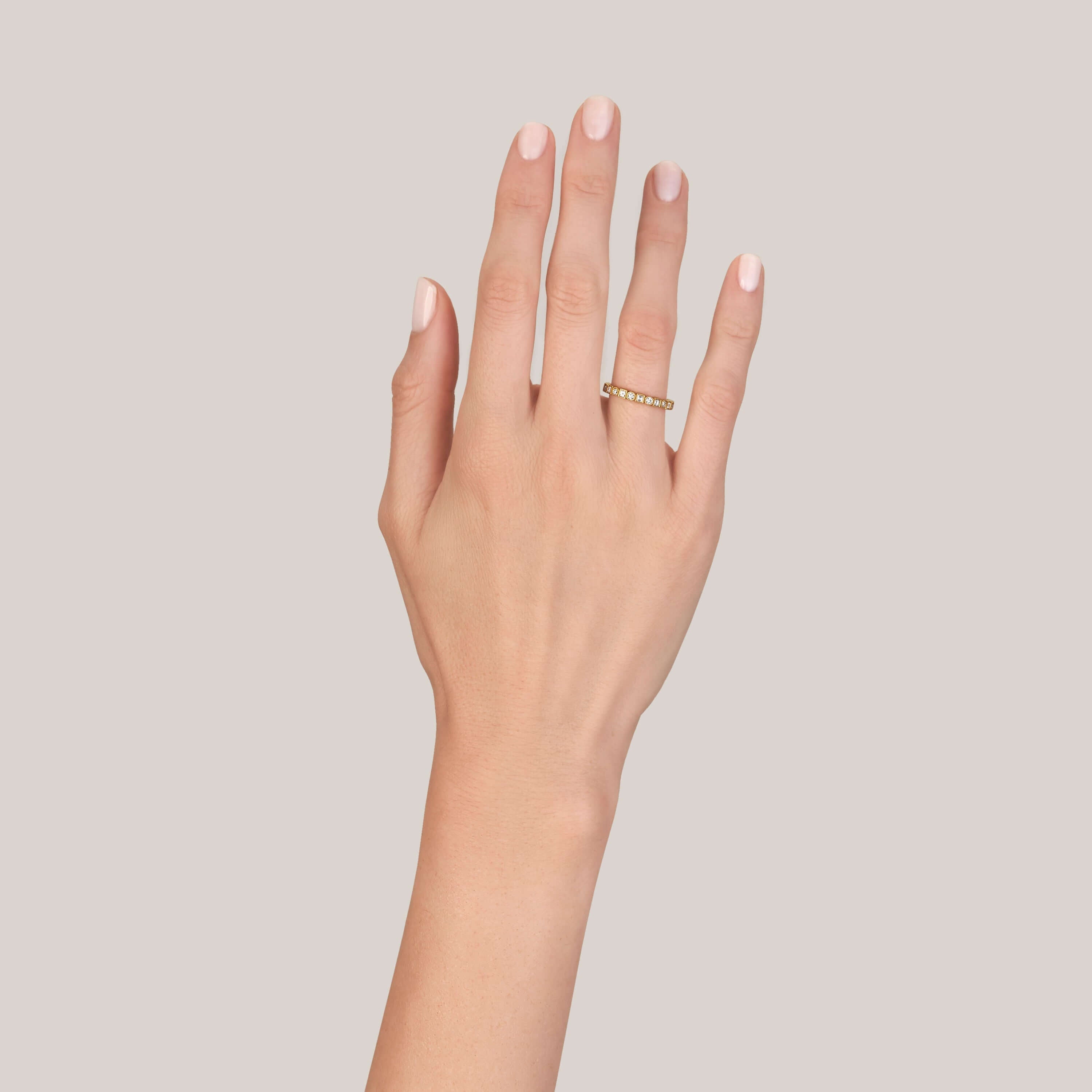 SINGLE STONE ADDIE BAND | Approximately 0.95ctw G-H/VS carré and old European cut diamonds set in a handcrafted eternity band. Approximate band width 2.6mm. Please inquire for additional customization.