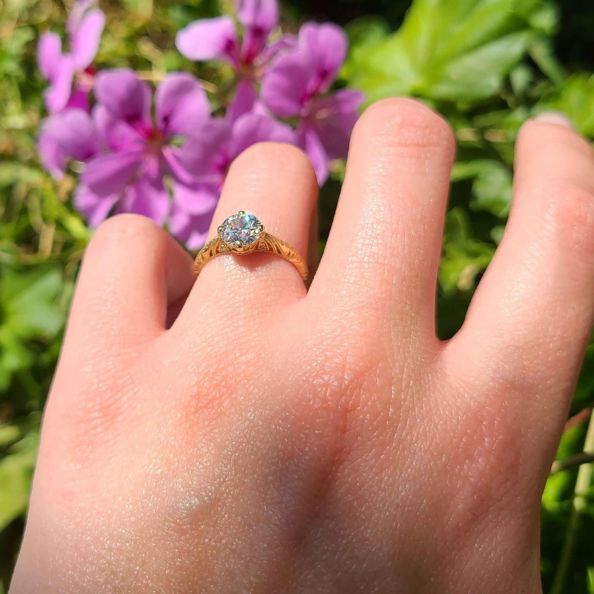 SINGLE STONE ADELE RING featuring 1.07ct L/SI1 GIA certified old European cut diamond with 0.02ctw old European cut accent diamonds set in a handcrafted 18K yellow gold mounting. Stone Certificate 1.07ct L/SI1