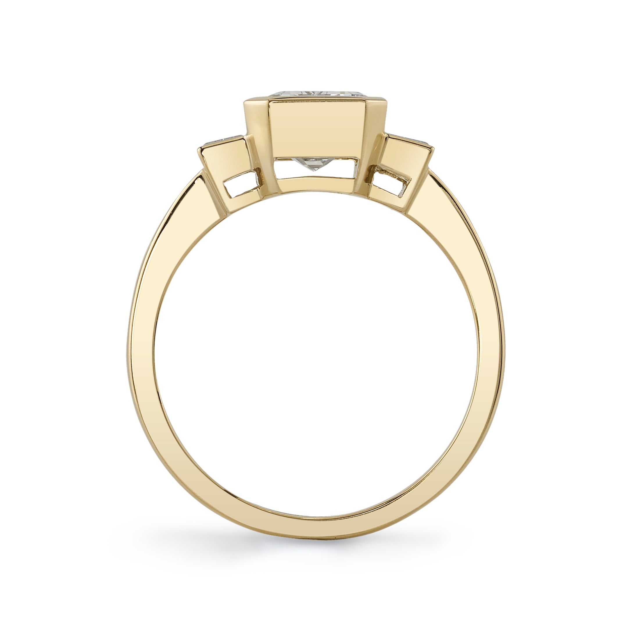 SINGLE STONE AMELIA RING featuring 2.00ct N/VVS2 GIA certified emerald cut diamond with 0.35ctw baguette cut accent diamonds bezel set in a handcrafted 18K yellow gold mounting.