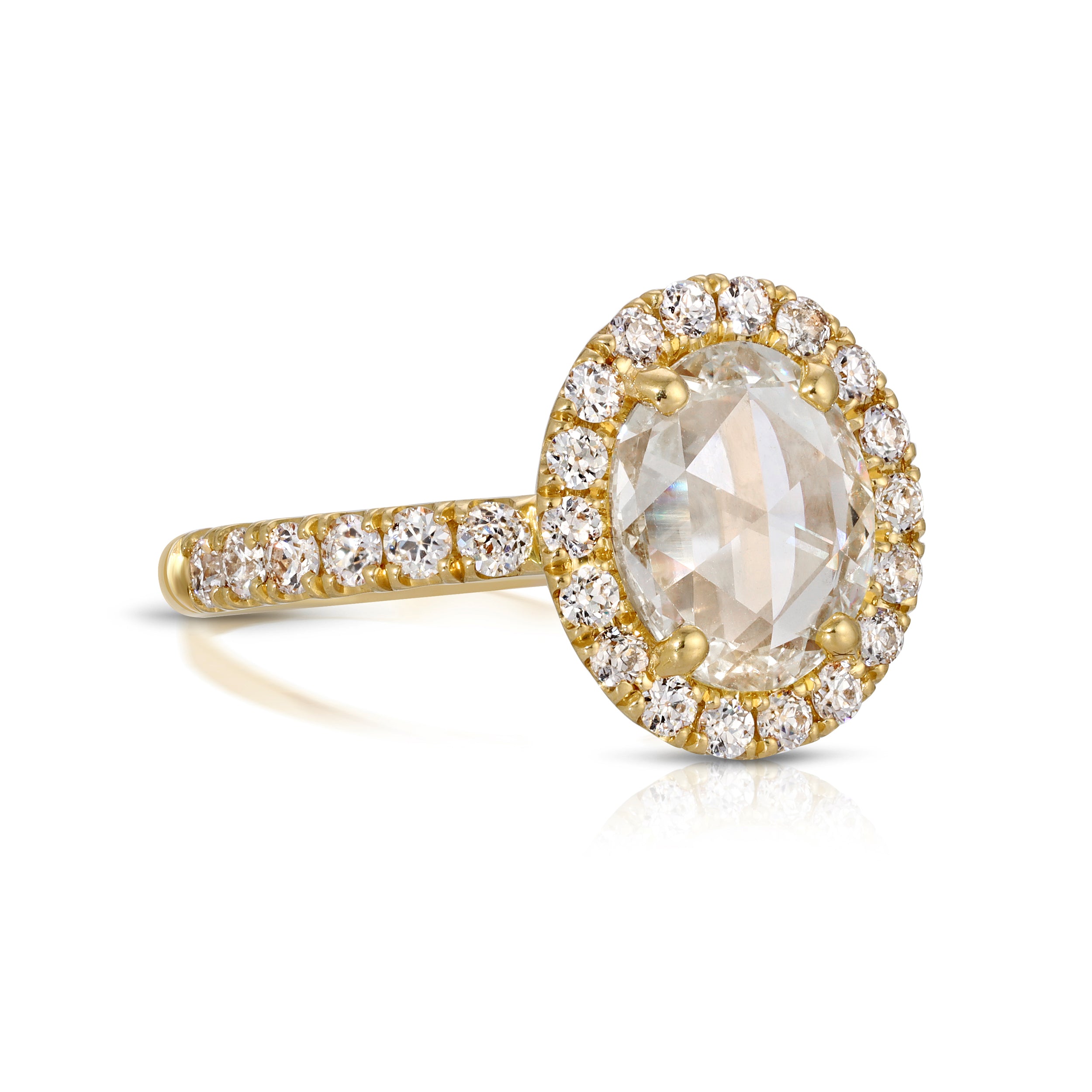 SINGLE STONE ANDIE RING featuring 1.42ct K/VS2 GIA certified oval rose cut diamond with 0.70ctw old European cut accent diamonds prong set in a handcrafted 18K yellow gold mounting.