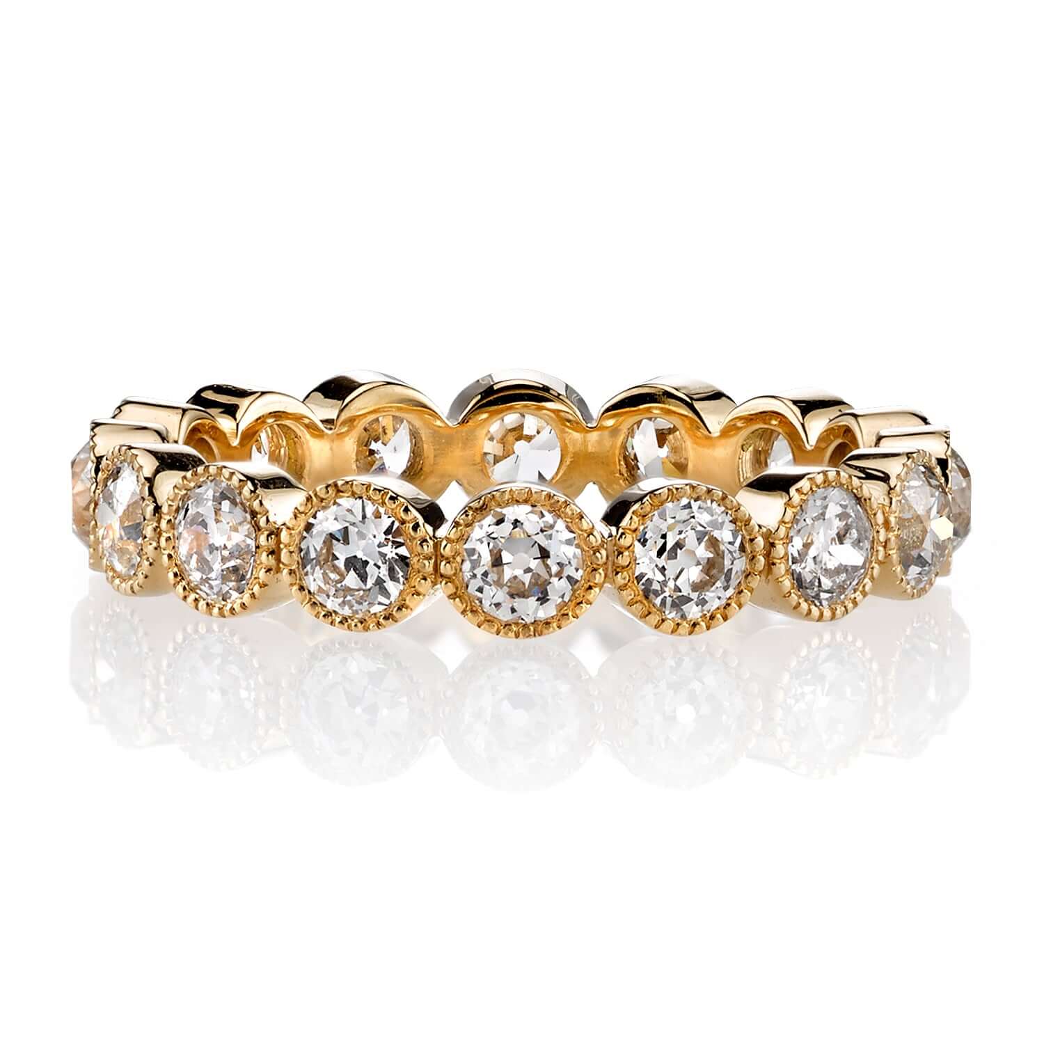 SINGLE STONE MEDIUM GABBY BAND | Approximately 1.75ctw old European cut diamonds set in a handcrafted bezel set eternity band. Approximate band with 3.6mm. Please inquire for additional customization.
