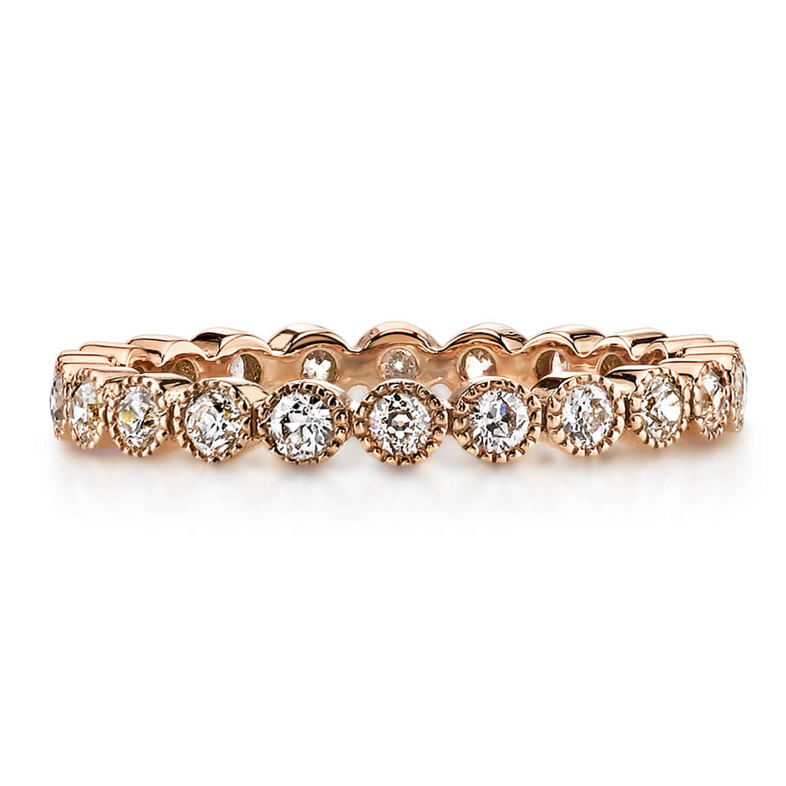 SINGLE STONE MINI GABBY BAND | Approximately 0.70ctw old European cut diamonds set in a handcrafted bezel set eternity band. Approximate band width 2.4mm. Please inquire for additional customization,