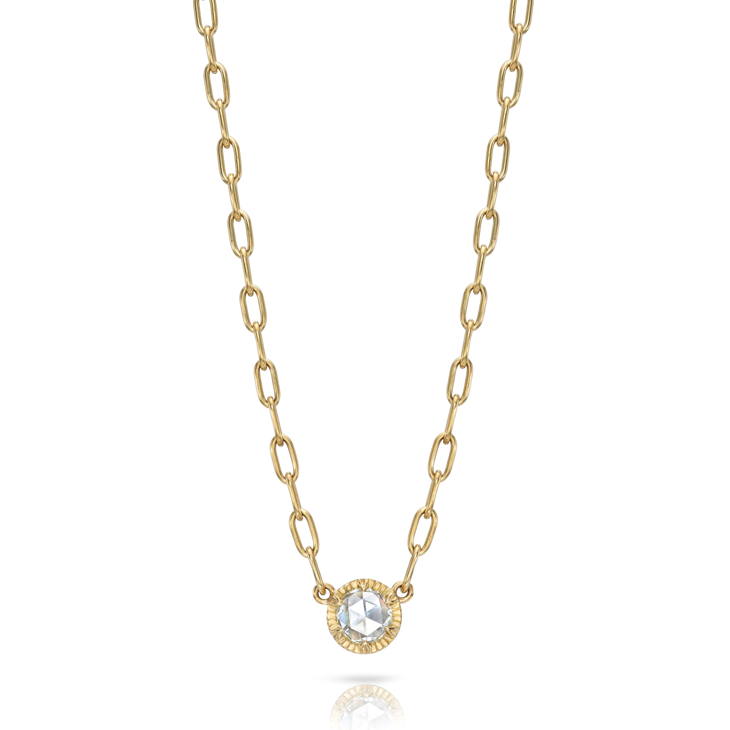 SINGLE STONE ARIELLE NECKLACE featuring 0.72ct F-G/VS rose cut diamond prong set on a handcrafted 18K yellow gold pendant necklace.