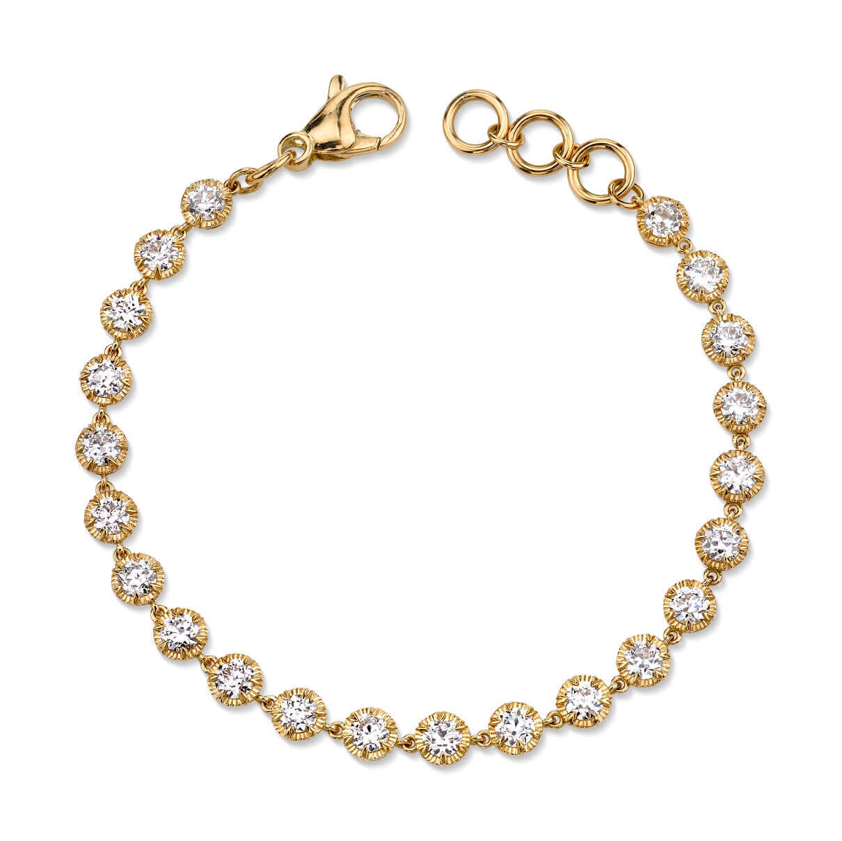 SINGLE STONE ARIELLE BRACELET featuring 4.82ctw G-H/VS-SI old European cut diamonds set in a handcrafted 18K yellow gold diamond tennis bracelet.