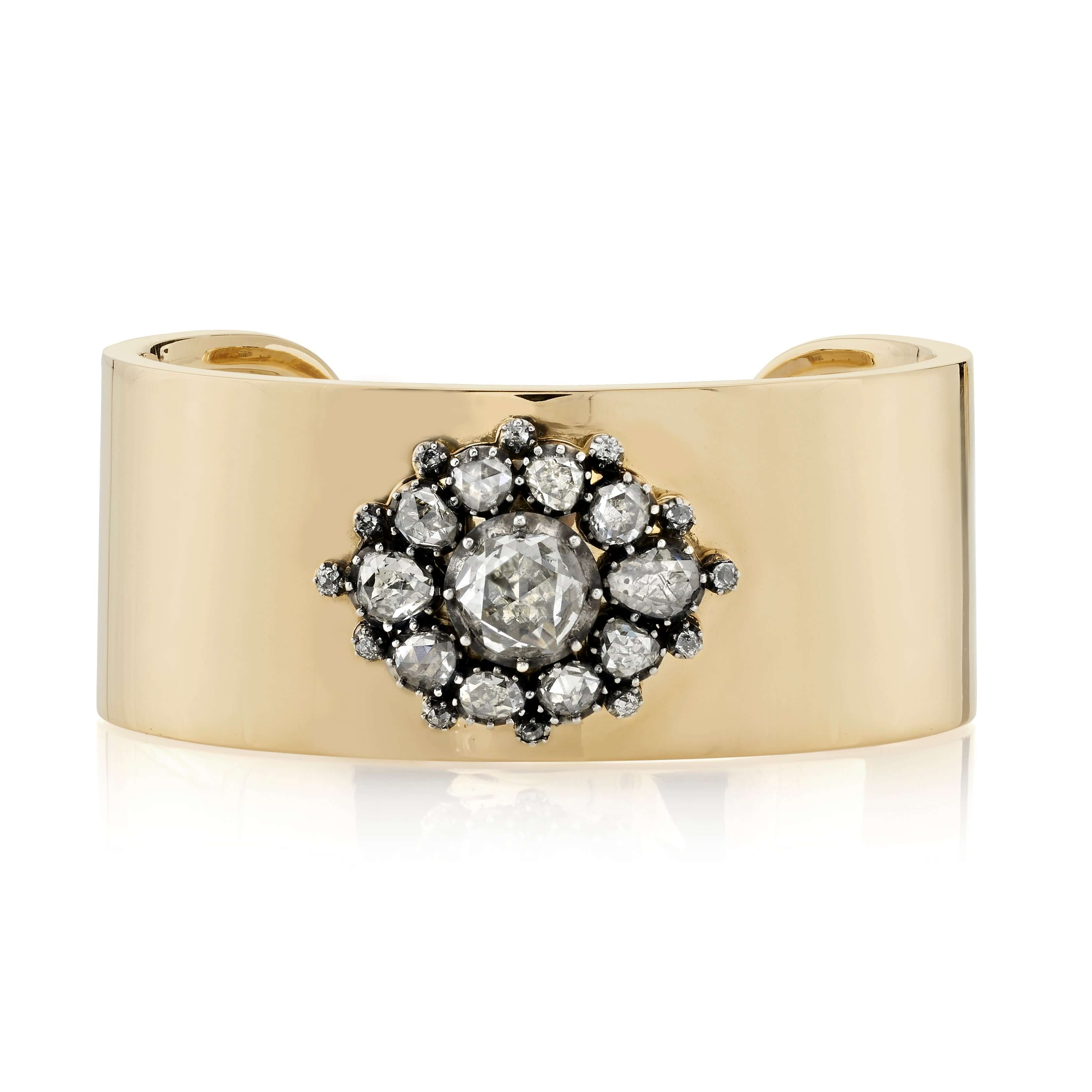 Single Stone ASHLYN CUFF featuring 2.50ct Rose cut diamond with 2.25ctw Rose cut diamond surround set in an oxidized silver mounting on a handcrafted 18k yellow gold cuff.