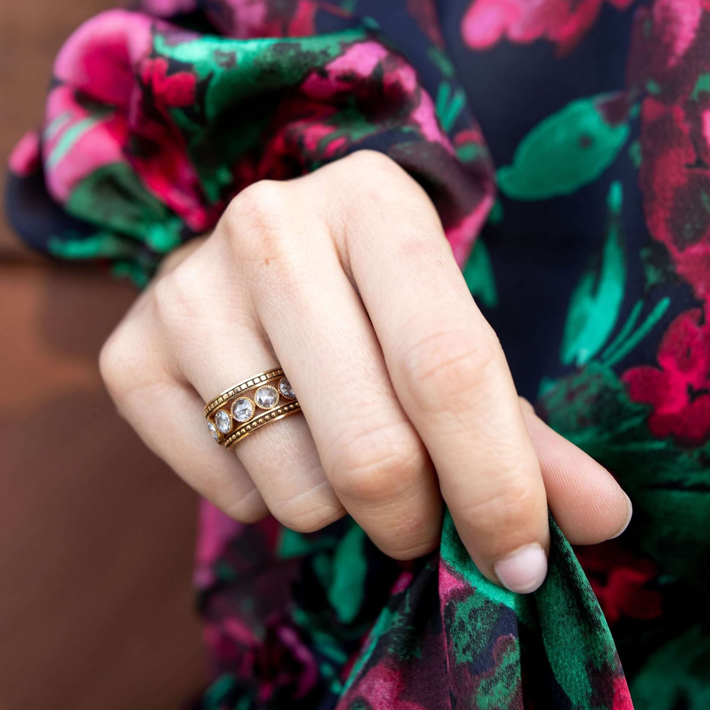 SINGLE STONE BARDOT BAND | Handcrafted oxidized 18K gold square beaded band. Approximate band width 2.2mm. Please inquire for additional customization.