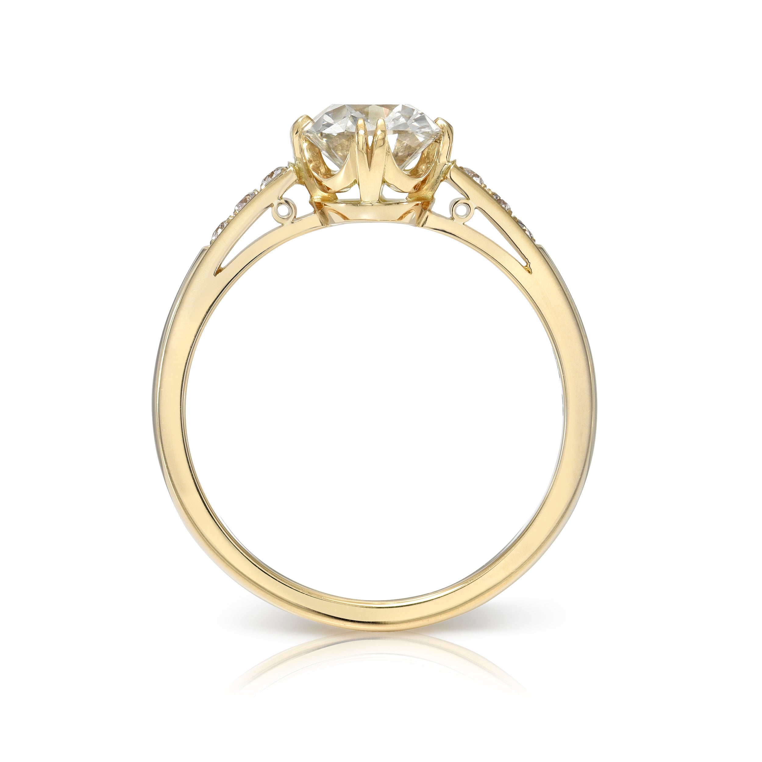 SINGLE STONE BAUER RING featuring 1.38ct L/VS2 GIA certified antique cushion cut diamond with 0.09ctw old European cut accent diamonds prong set in a handcrafted 18K yellow gold mounting.