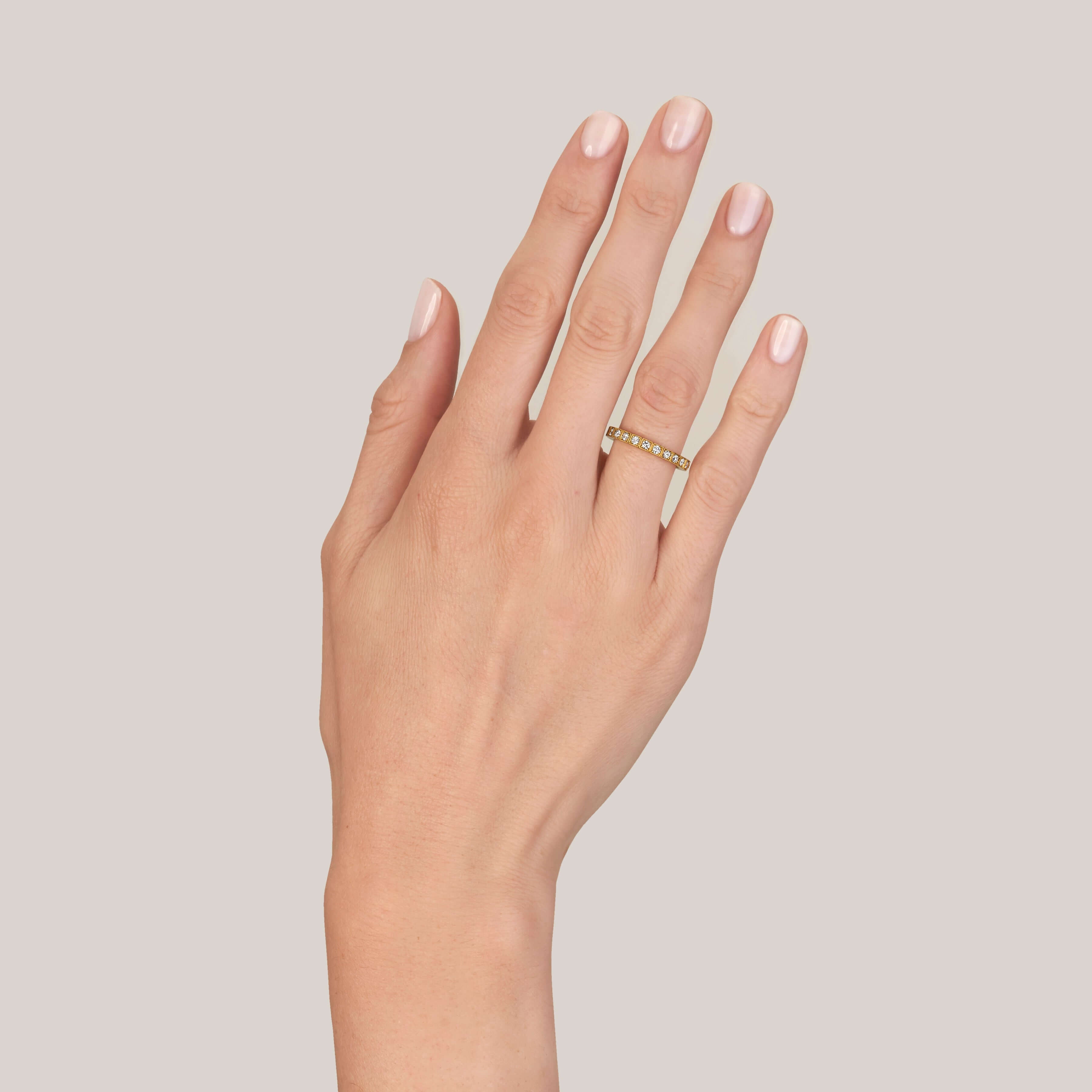 SINGLE STONE BECCA BAND | Approximately 0.75ctw G-H/VS old European cut diamonds set in a handcrafted square sectional eternity band. Approximate band width 2.5mm. Please inquire for additional customization.