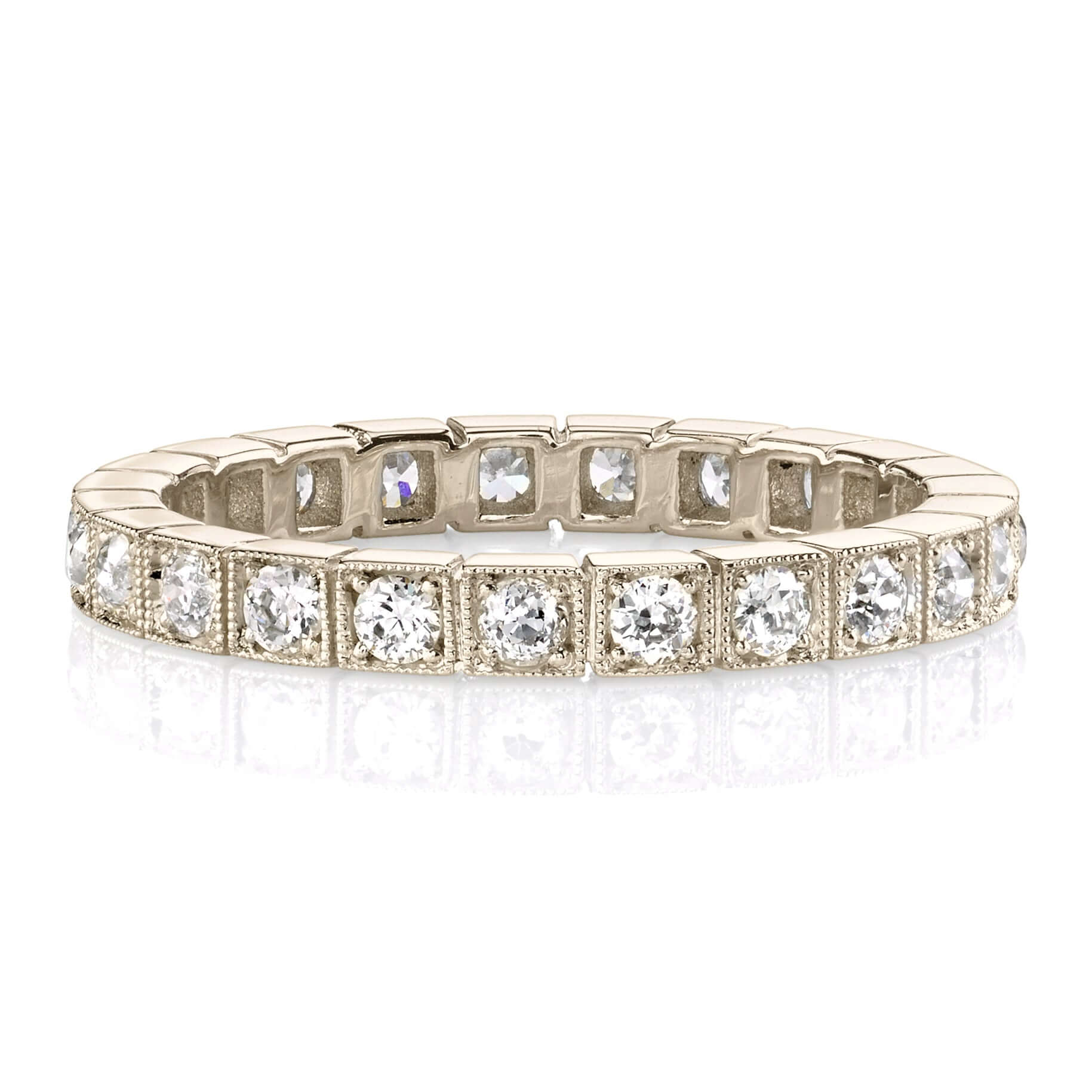 SINGLE STONE BECCA BAND | Approximately 0.75ctw G-H/VS old European cut diamonds set in a handcrafted square sectional eternity band. Approximate band width 2.5mm. Please inquire for additional customization.
