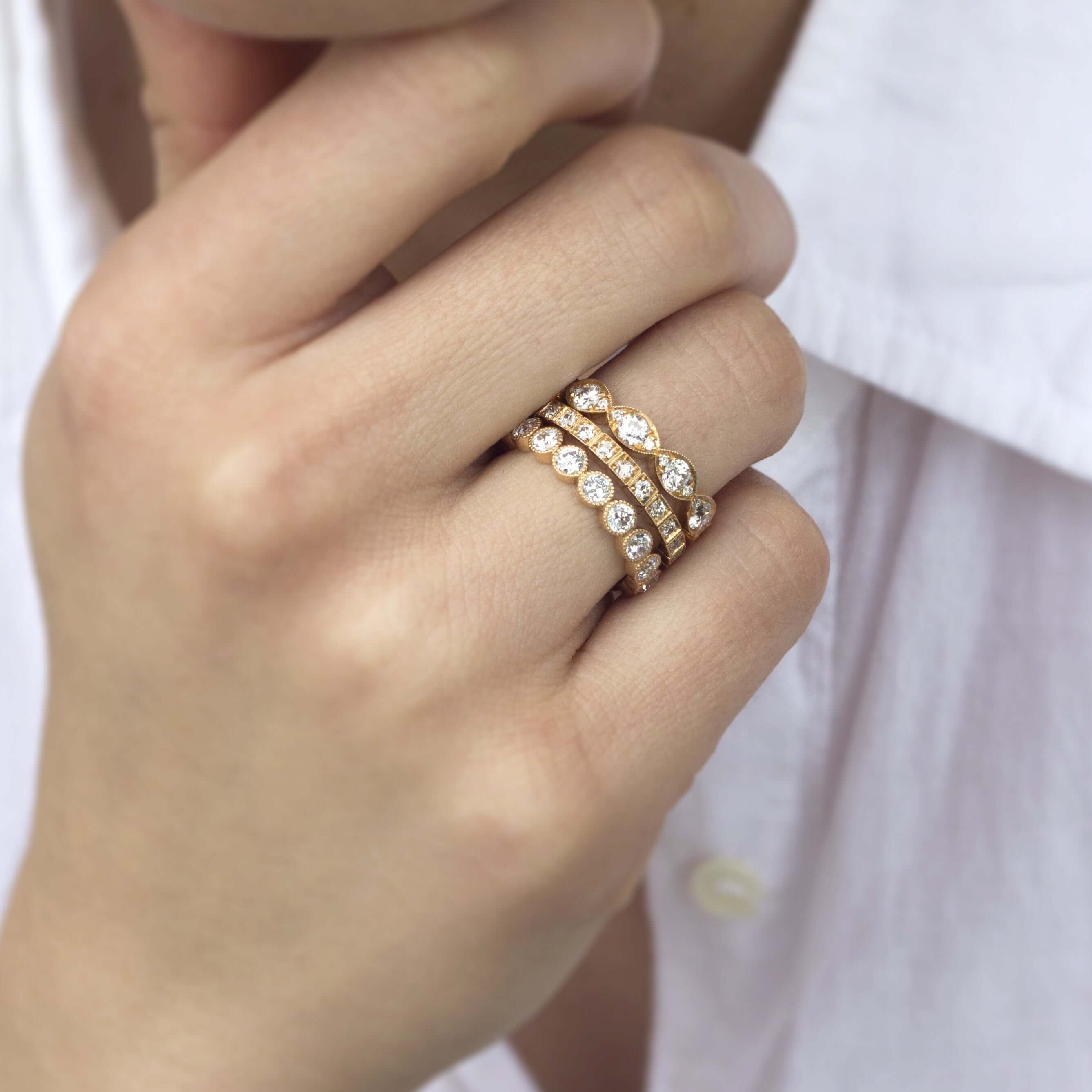 SINGLE STONE BECCA BAND | Approximately 0.75ctw G-H/VS old European cut diamonds set in a handcrafted square sectional eternity band. Approximate band width 2.5mm. Please inquire for additional customization.