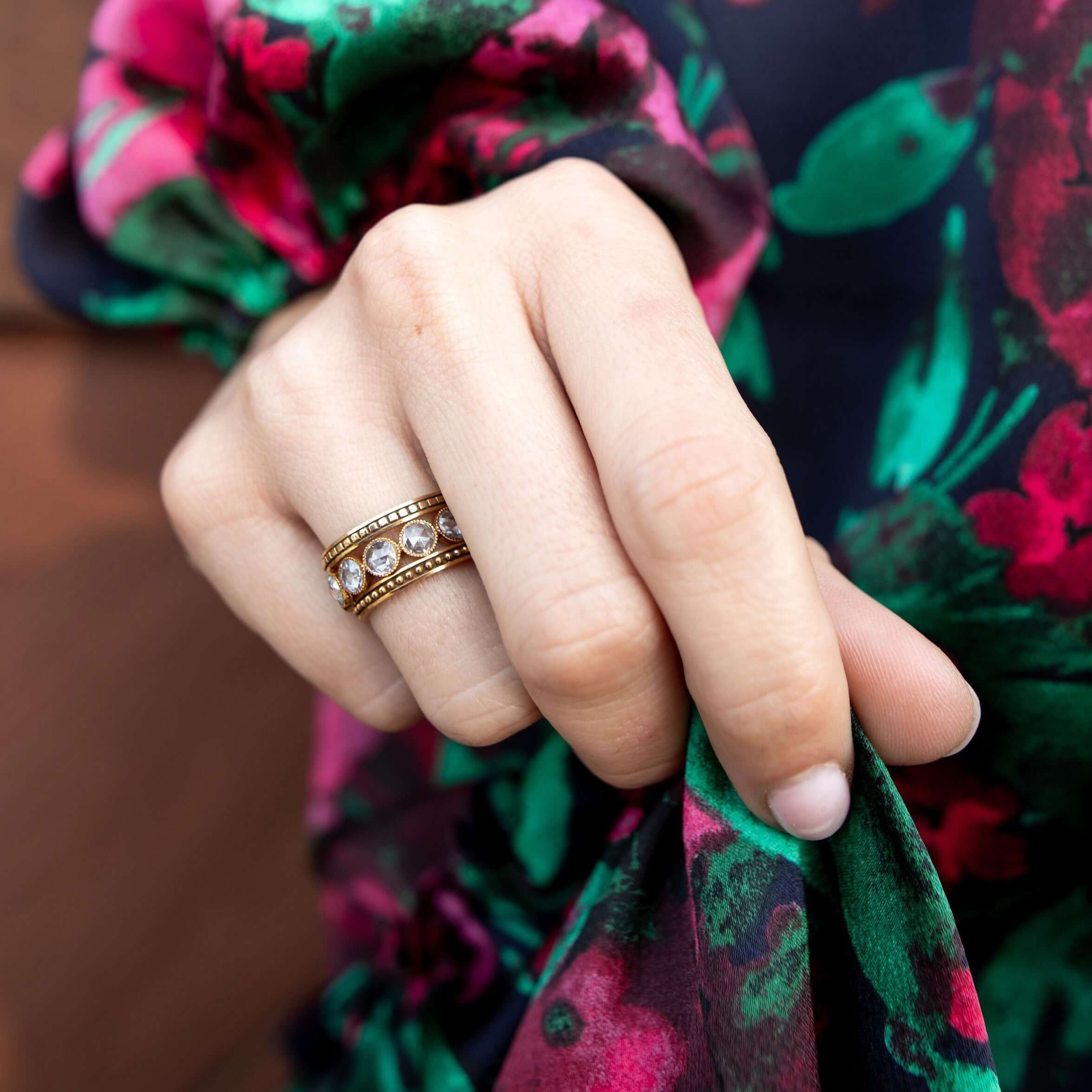 SINGLE STONE BRINLY WITH OXIDATION BAND | Handcrafted oxidized 18K gold beaded band. Approximate band width 2.2mm. Please inquire for additional customization.